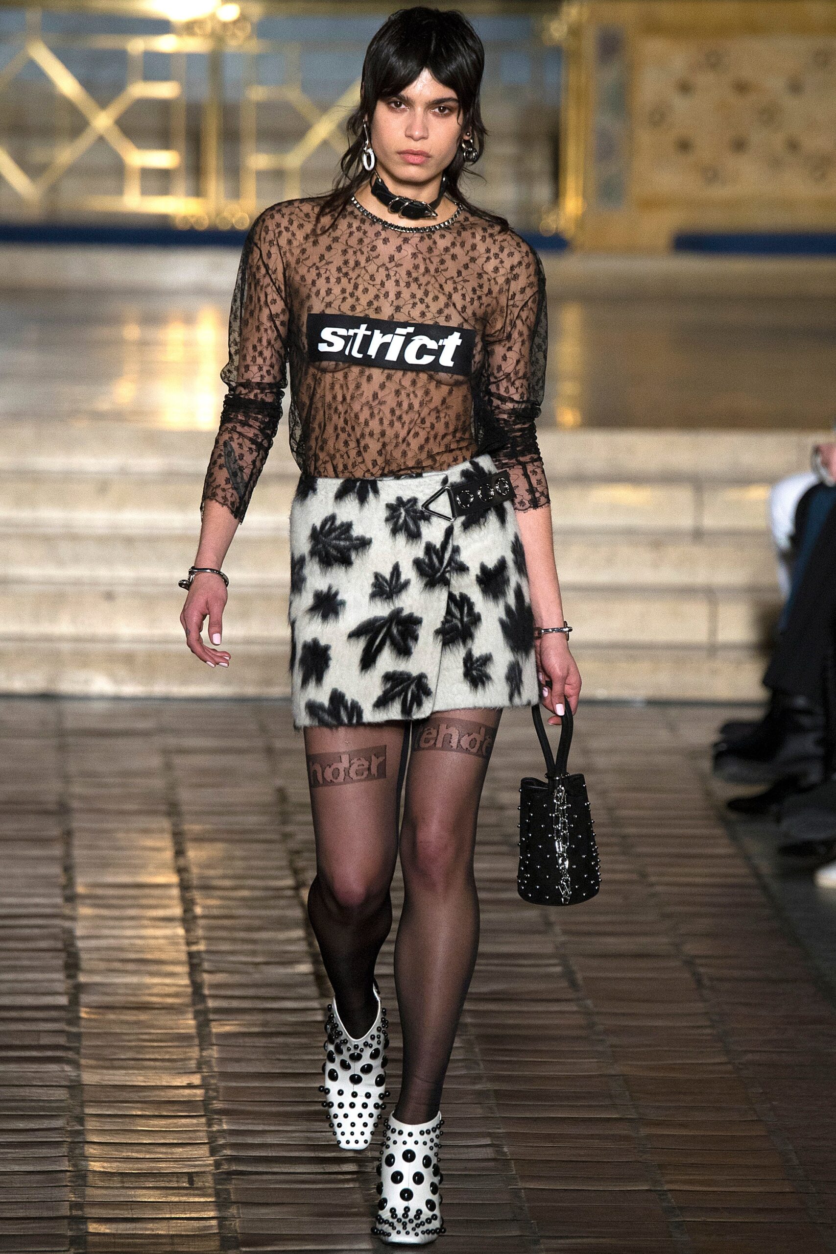 black mesh long-sleeve collared fitted printed sheer top
