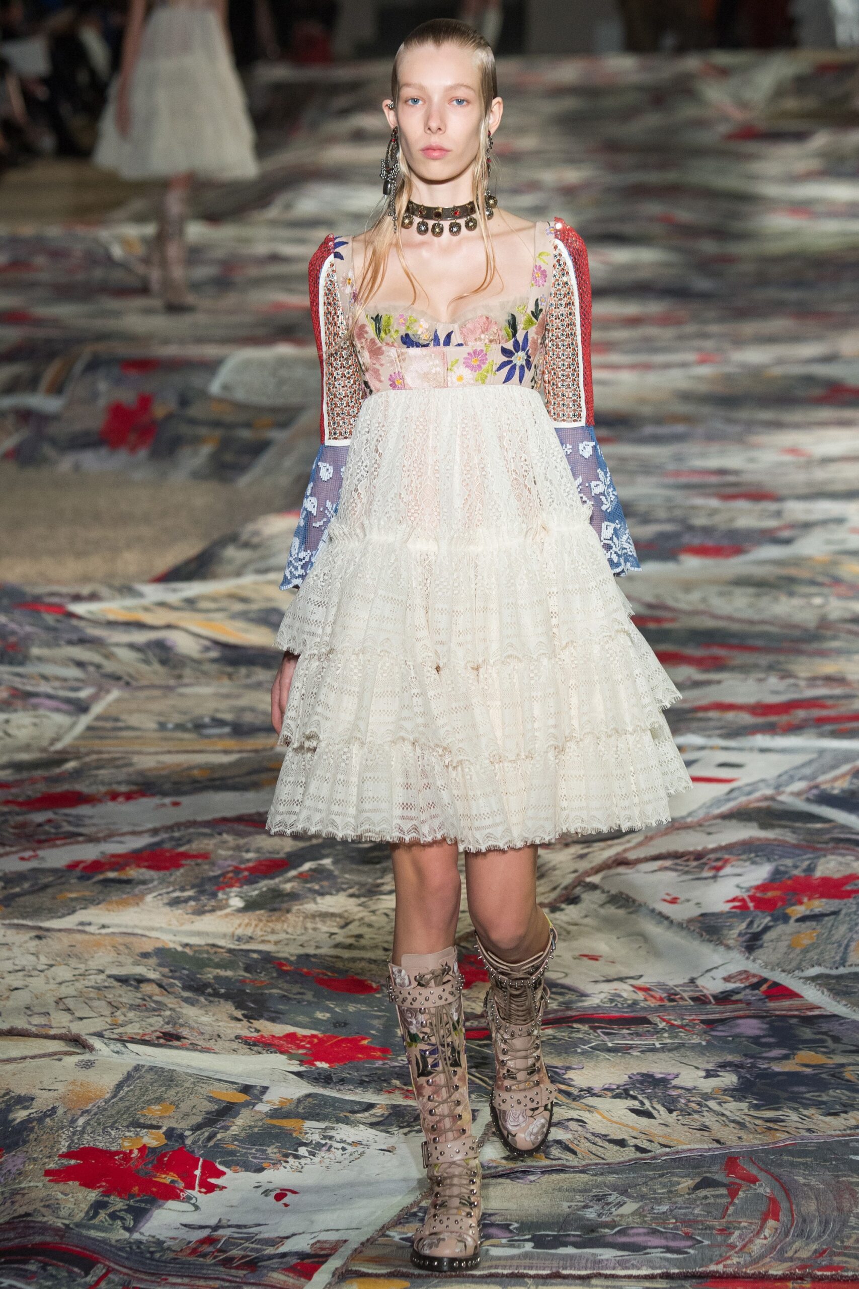 white lace mini dress with boots