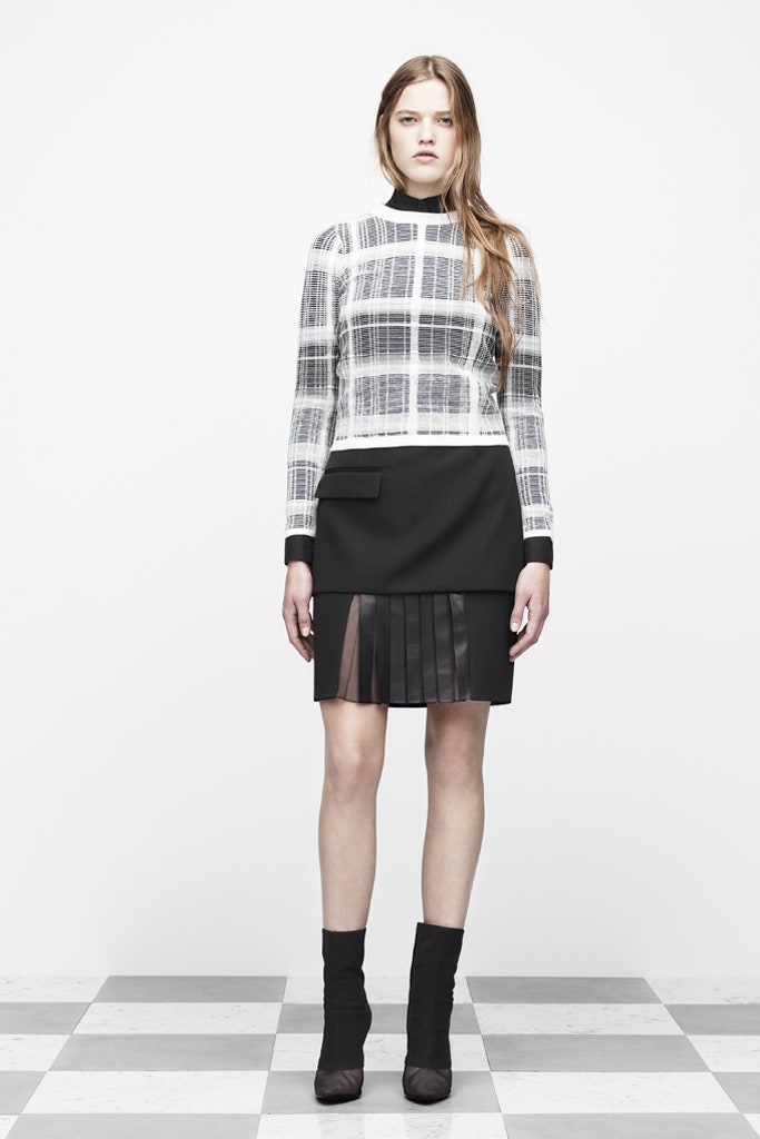 fitted checked top and pleated skirt