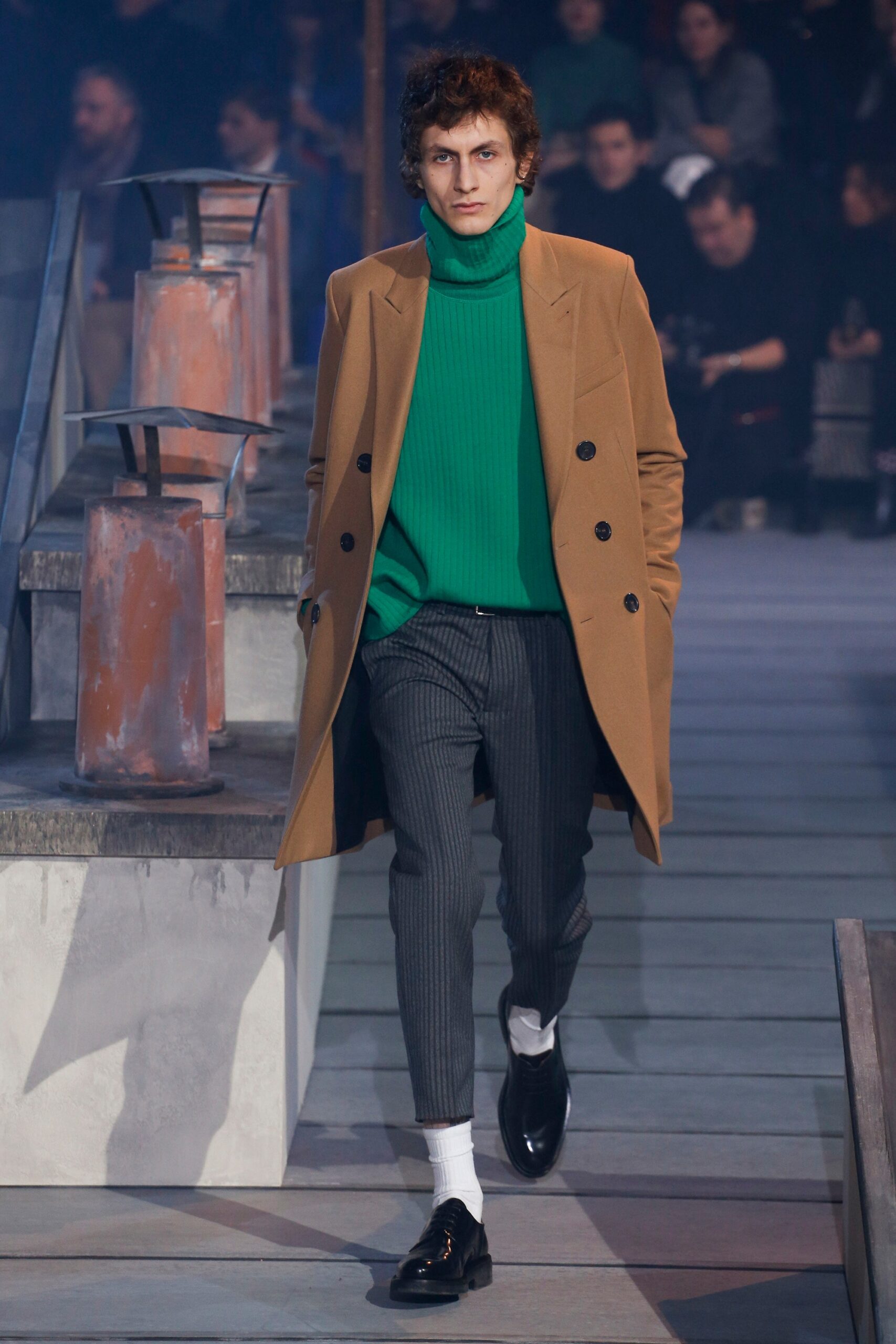 brown wool coat with green sweater