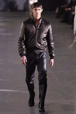 black leather fitted jacket and pants