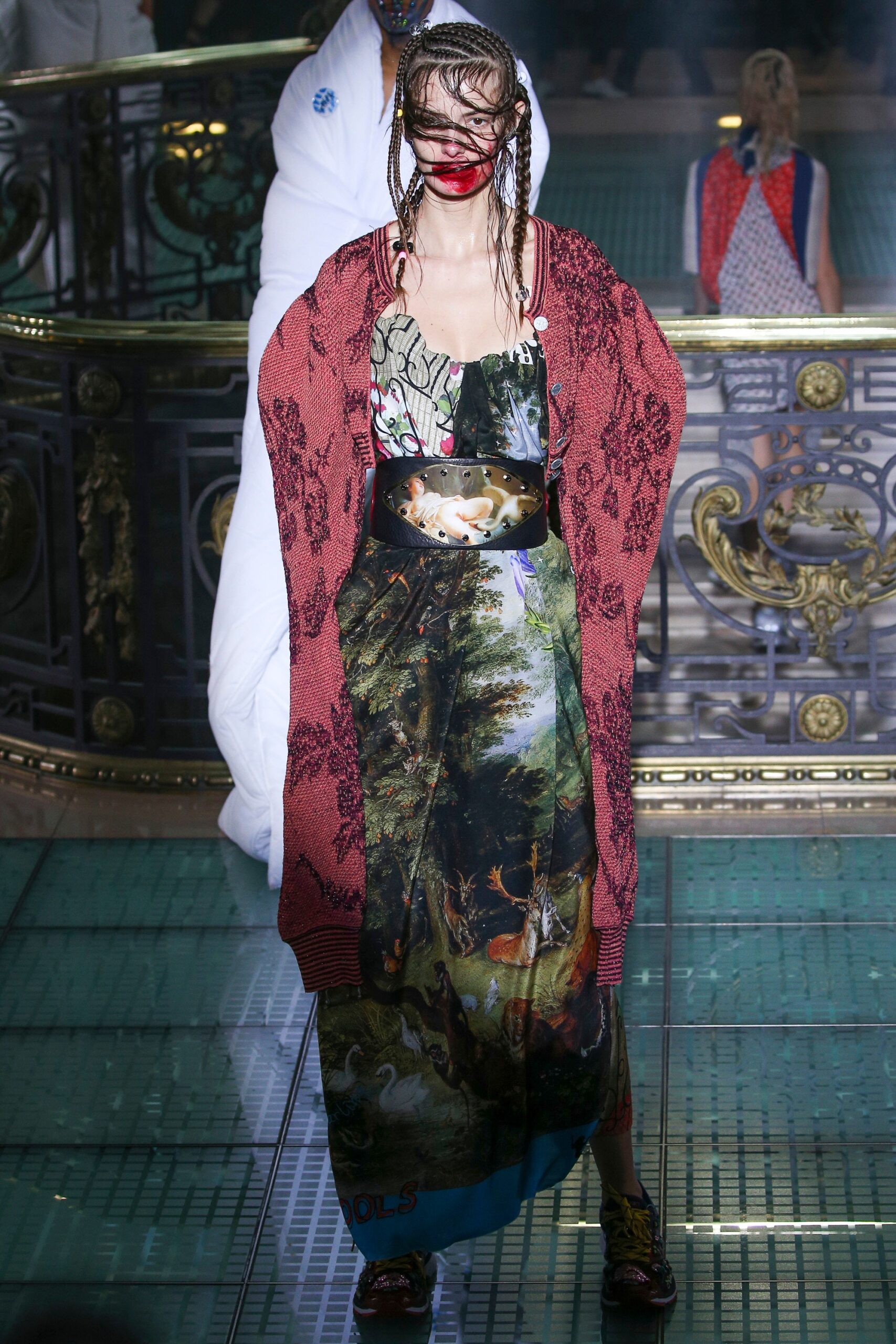 multi-colored maxi dress with oversized coat