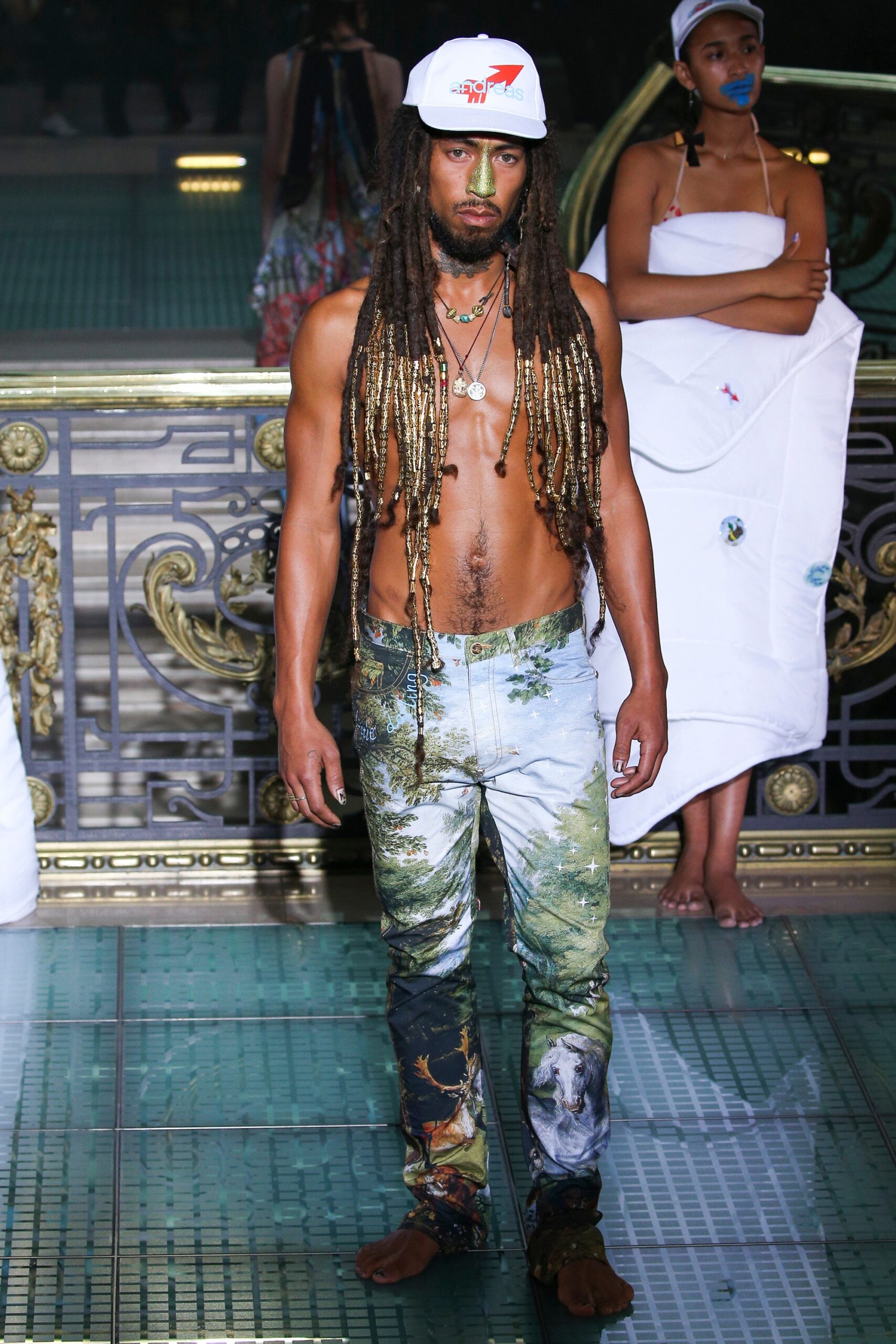printed denim fitted pants