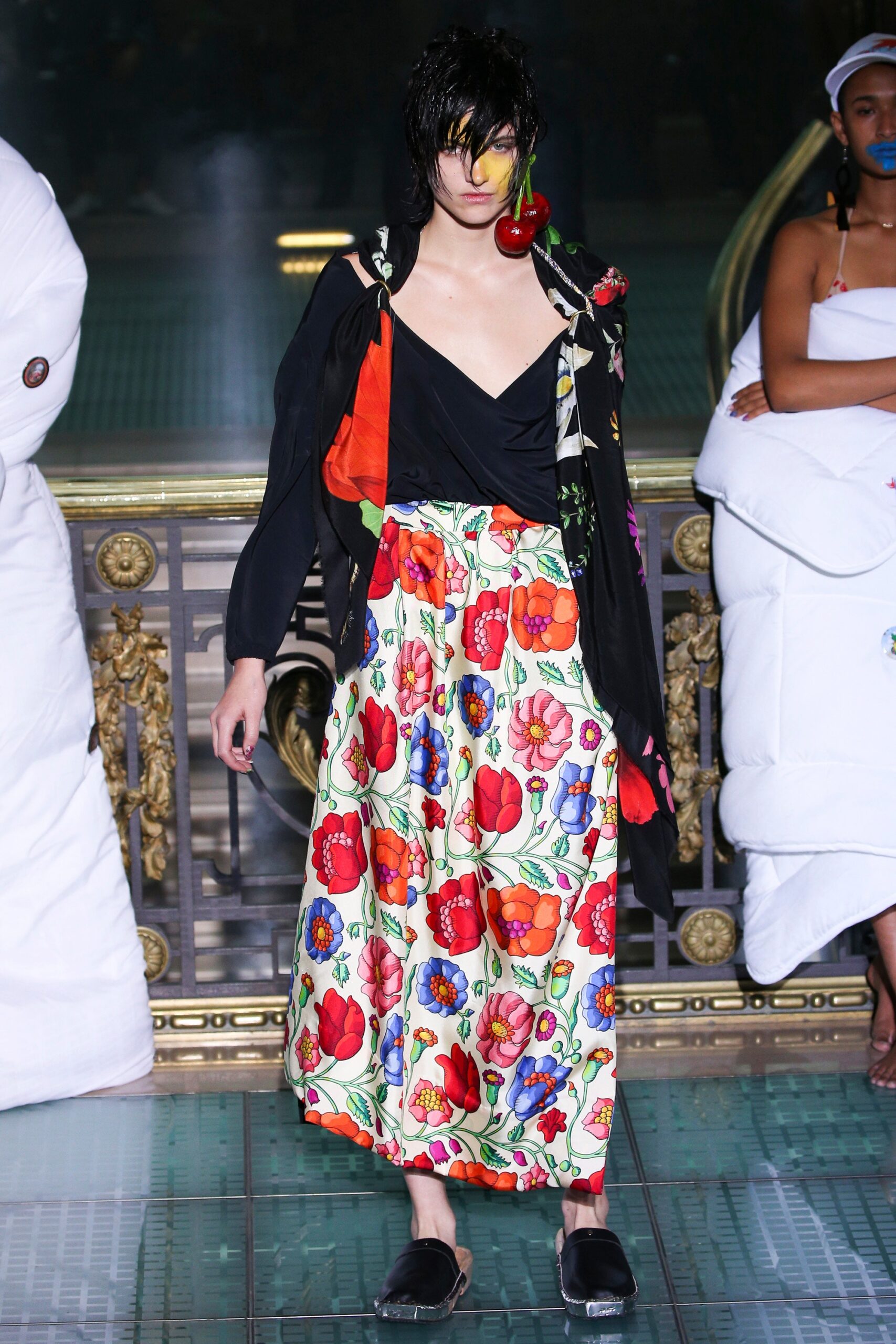 black fitted top with floral skirt
