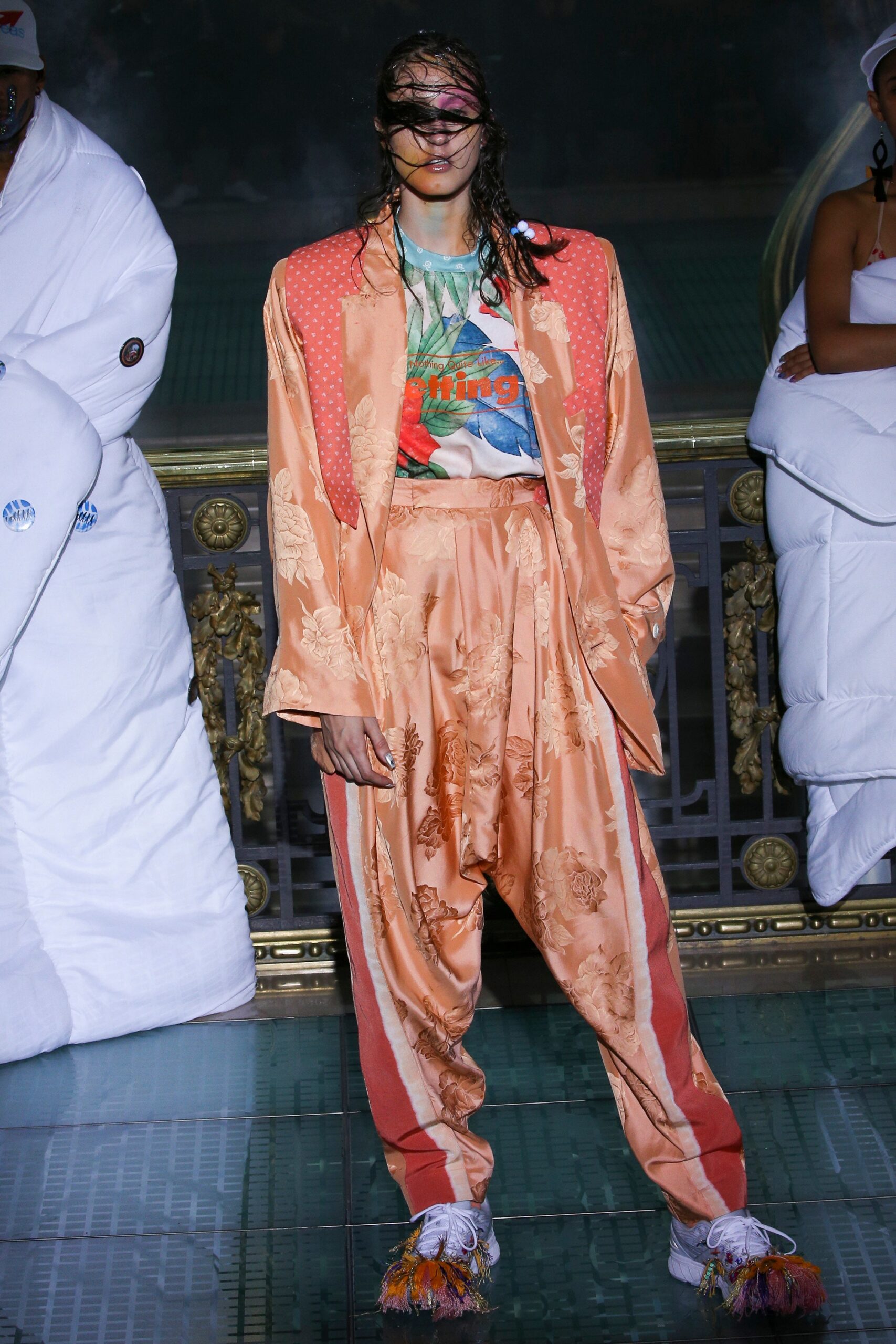 orange silk long-sleeve collared relaxed floral buttoned jacket