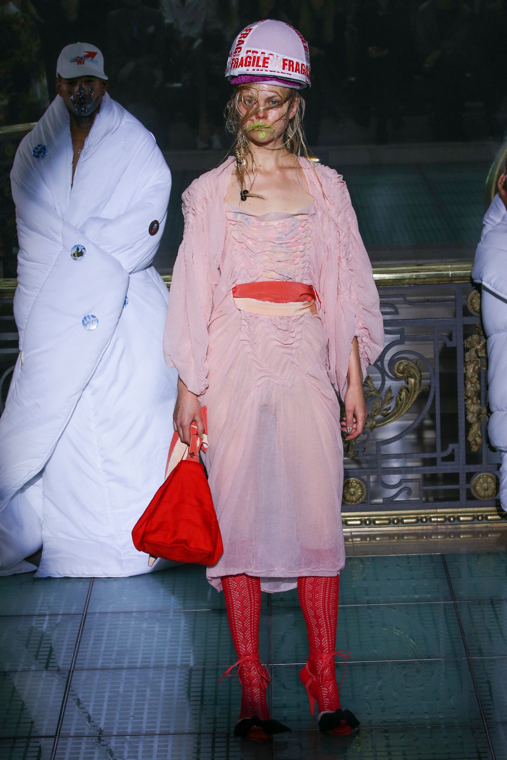pink fitted ruched dress with oversized jacket