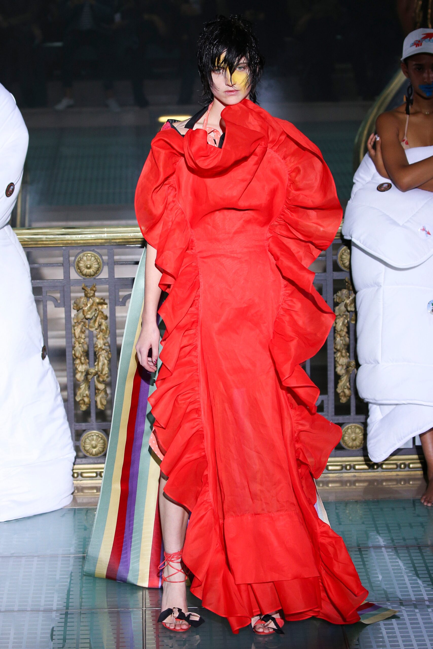 red silk ruffled gown