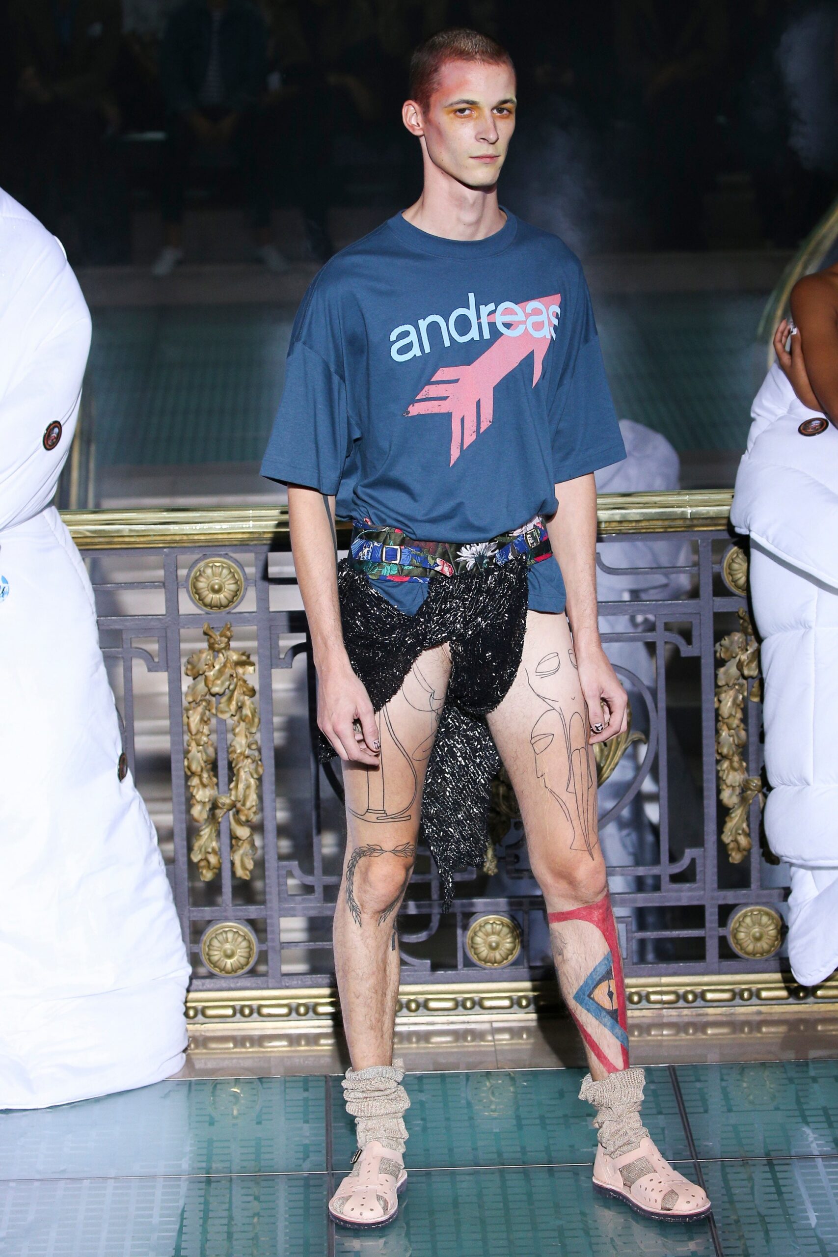 blue printed t-shirt with black shorts