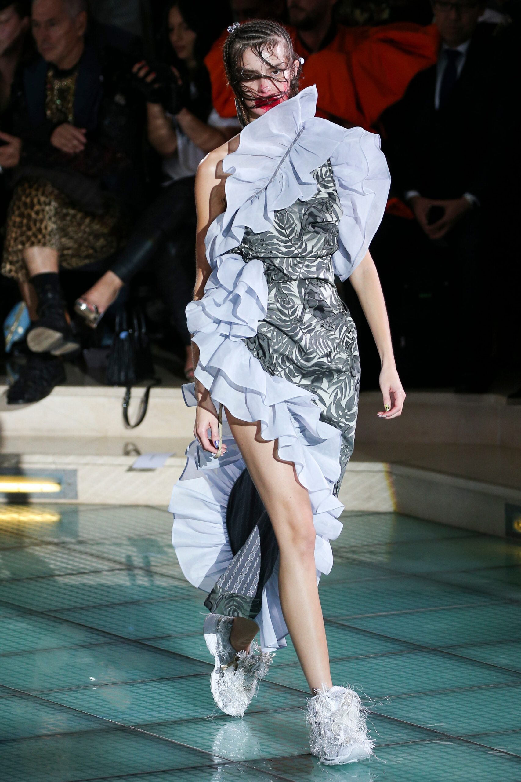 gray and white ruffled dress