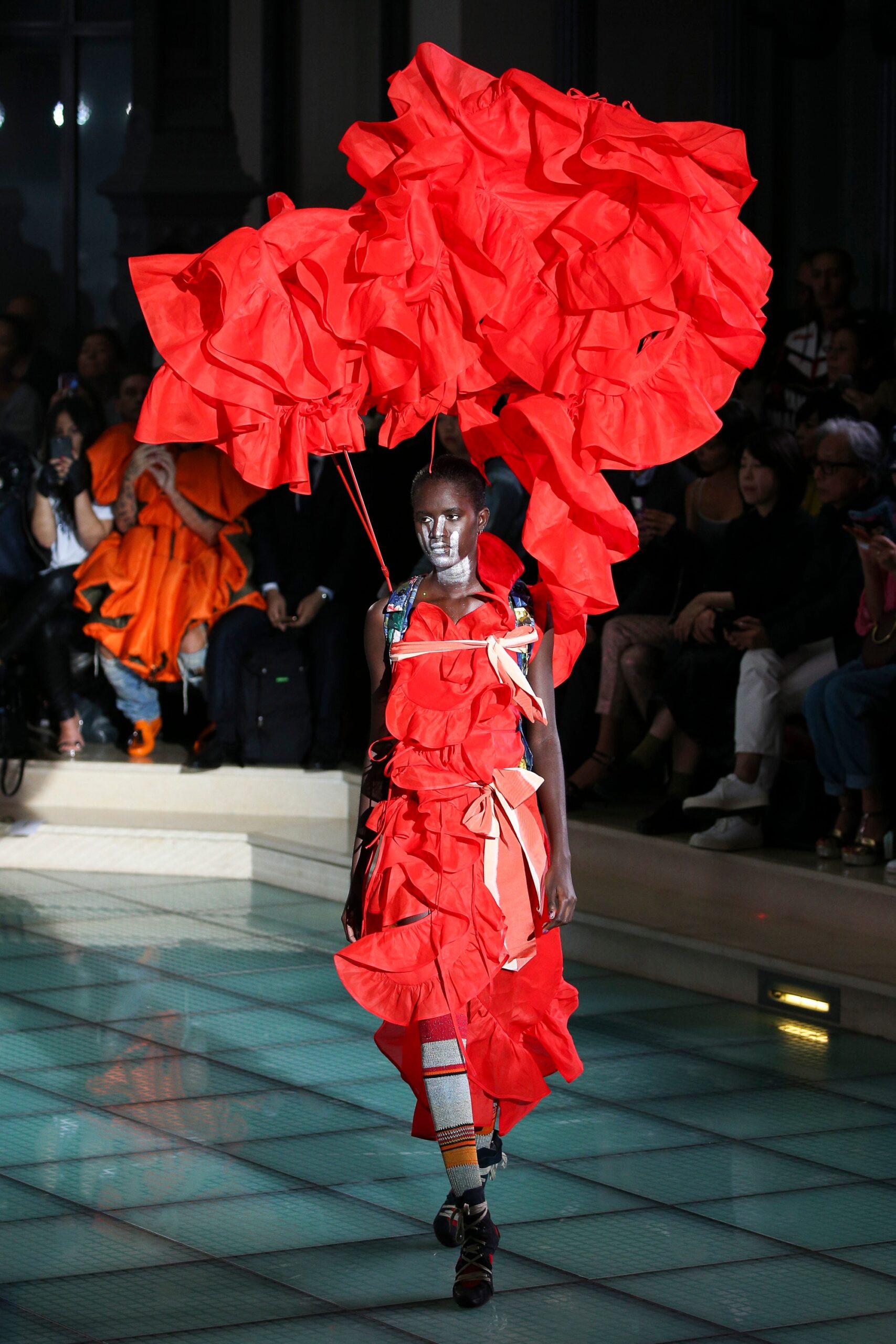 red ruffled midi dress