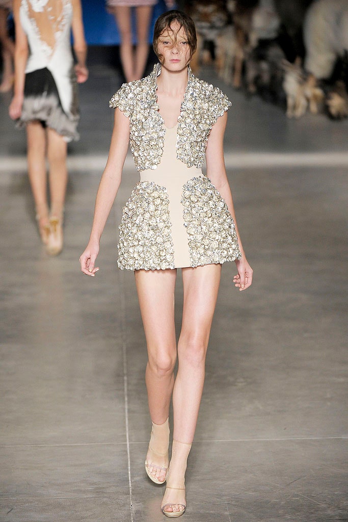 beige embellished mini dress