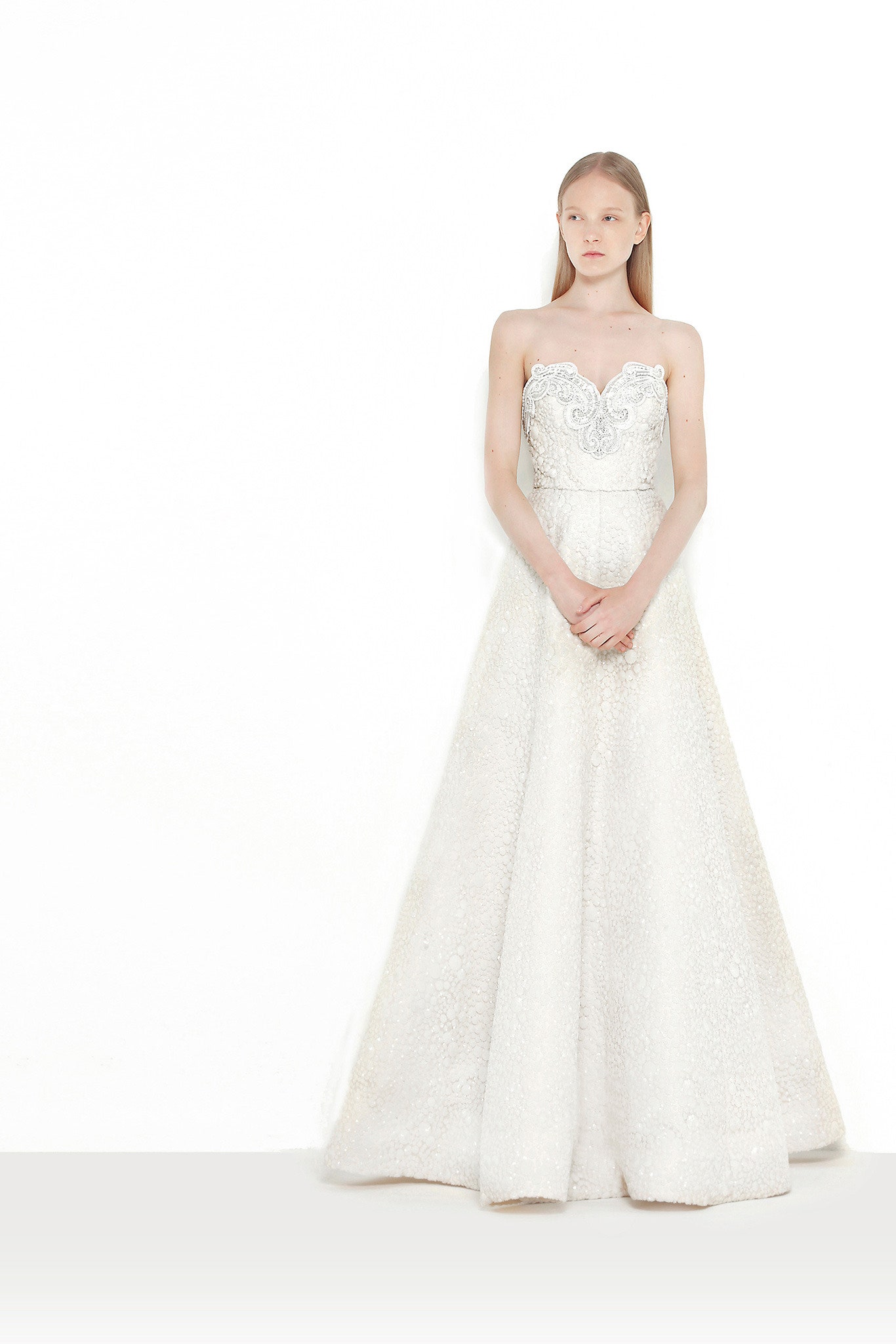 white silk strapless gown