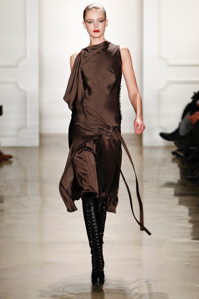 brown silk sleeveless dress with black boots