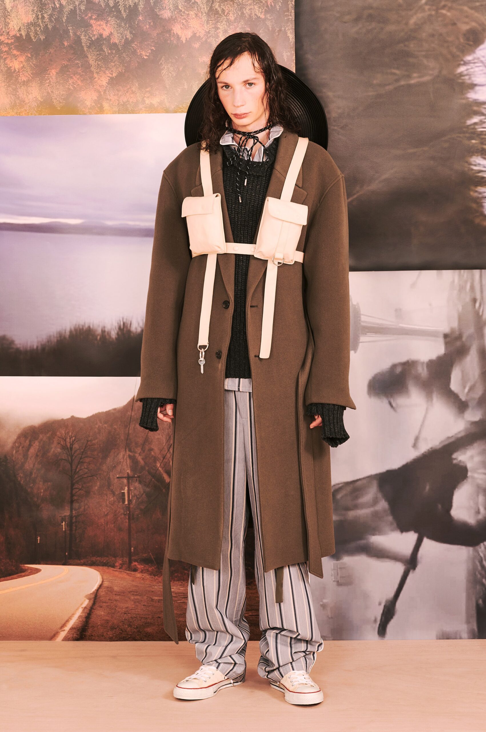 brown wool long-sleeve collared relaxed belted coat