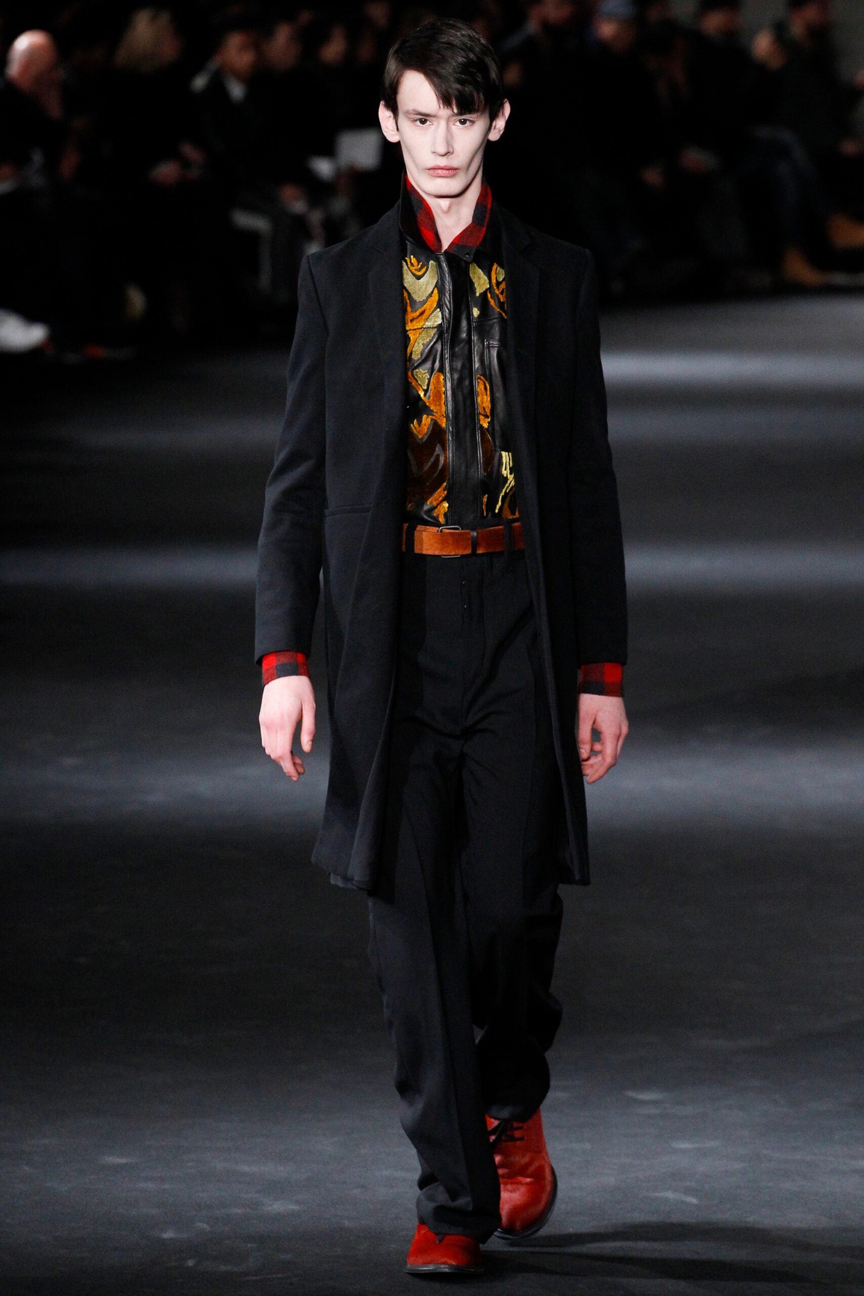 black tailored coat with printed shirt