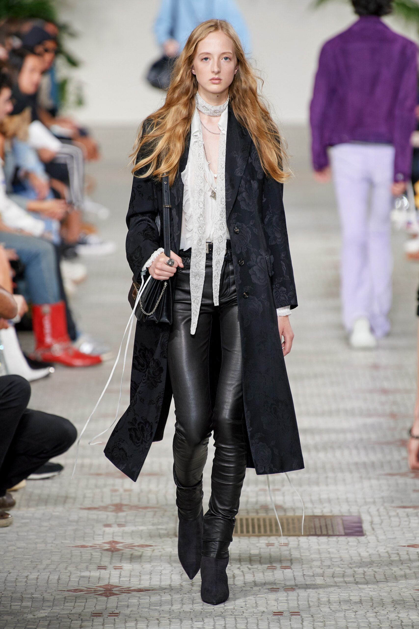 black silk long-sleeve collared fitted embroidered coat