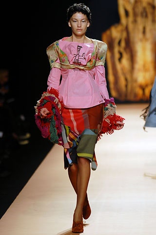 pink embroidered top with multi skirt