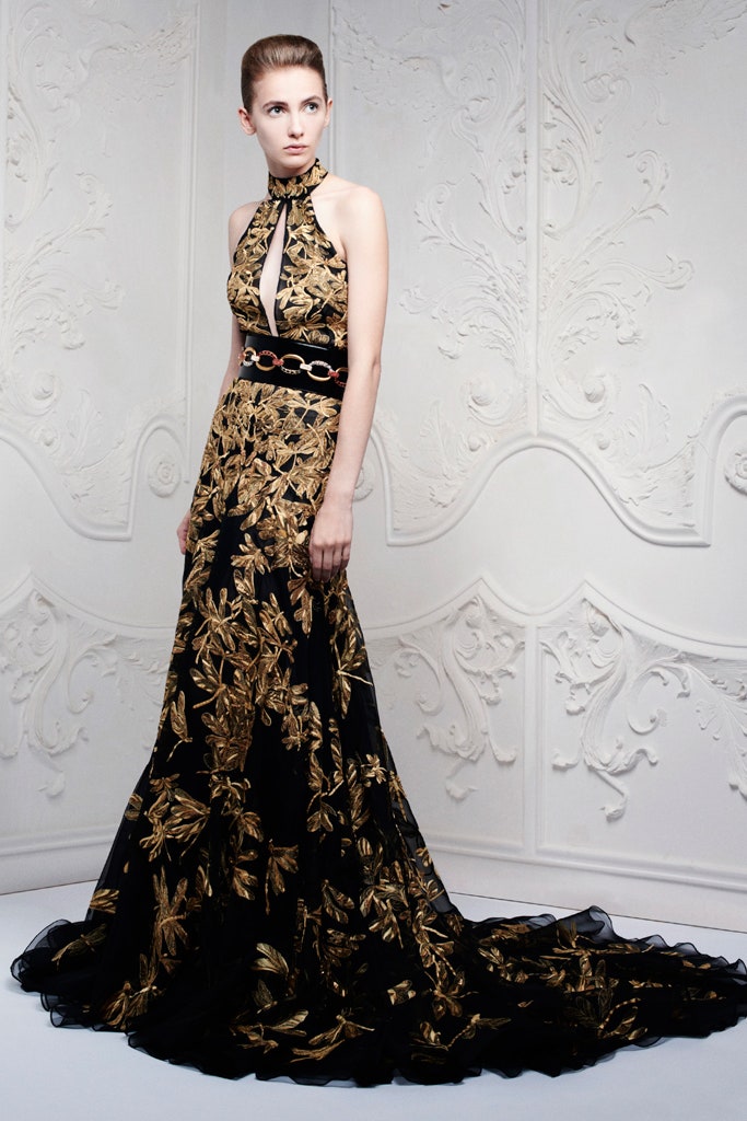 black and gold embroidered gown