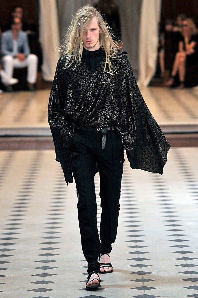 black gold draped top with fitted pants