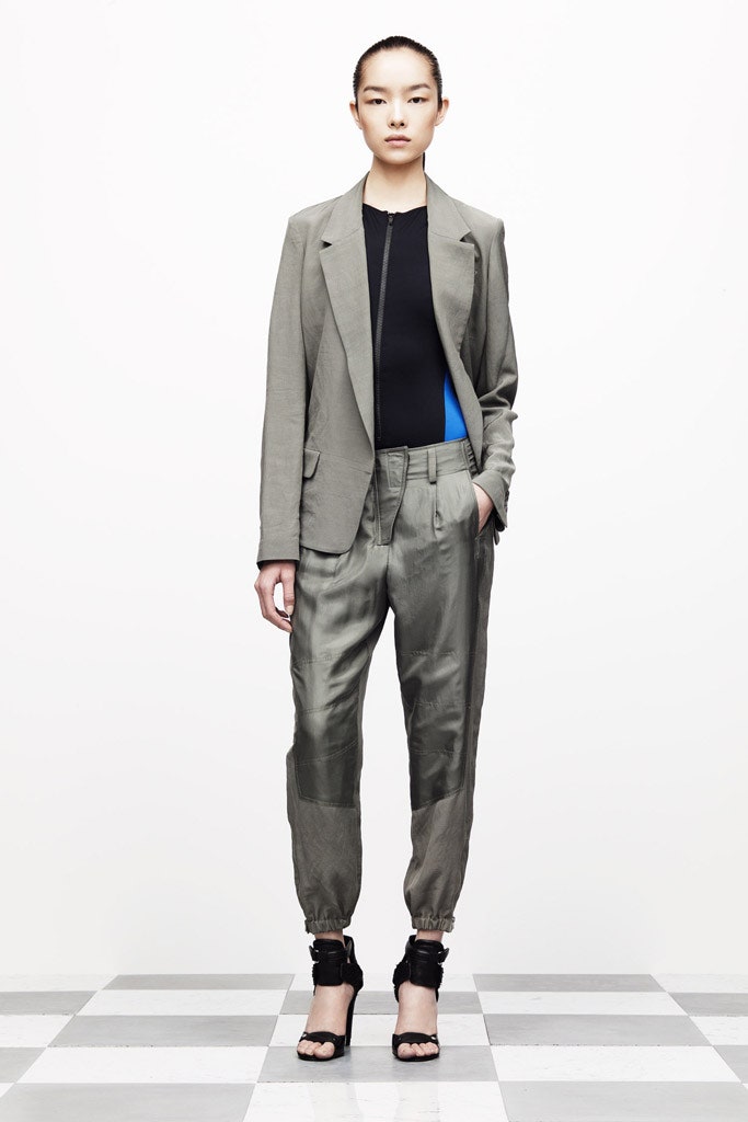 gray tailored blazer with relaxed pants
