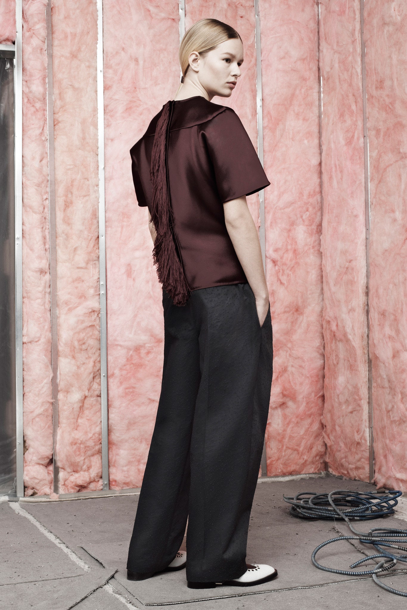 maroon silk short-sleeve collared relaxed fringed top