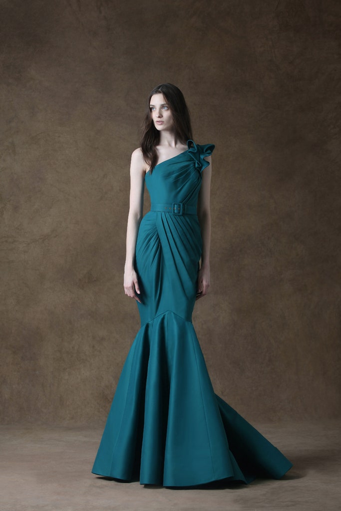 teal silk fitted gown