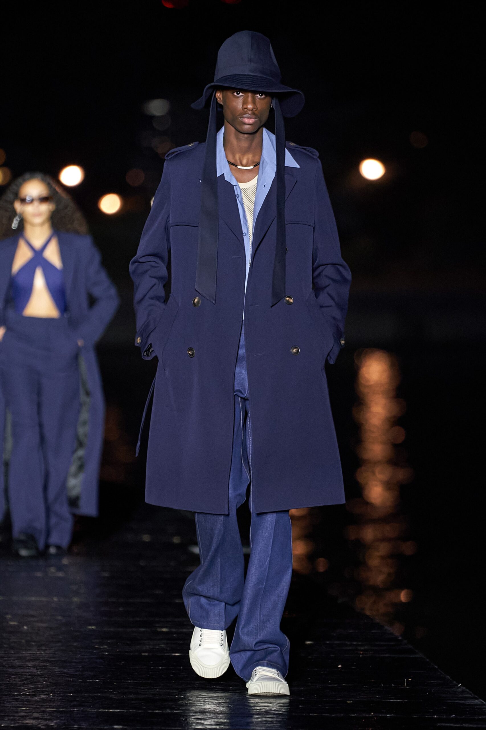 blue wool coat with denim pants