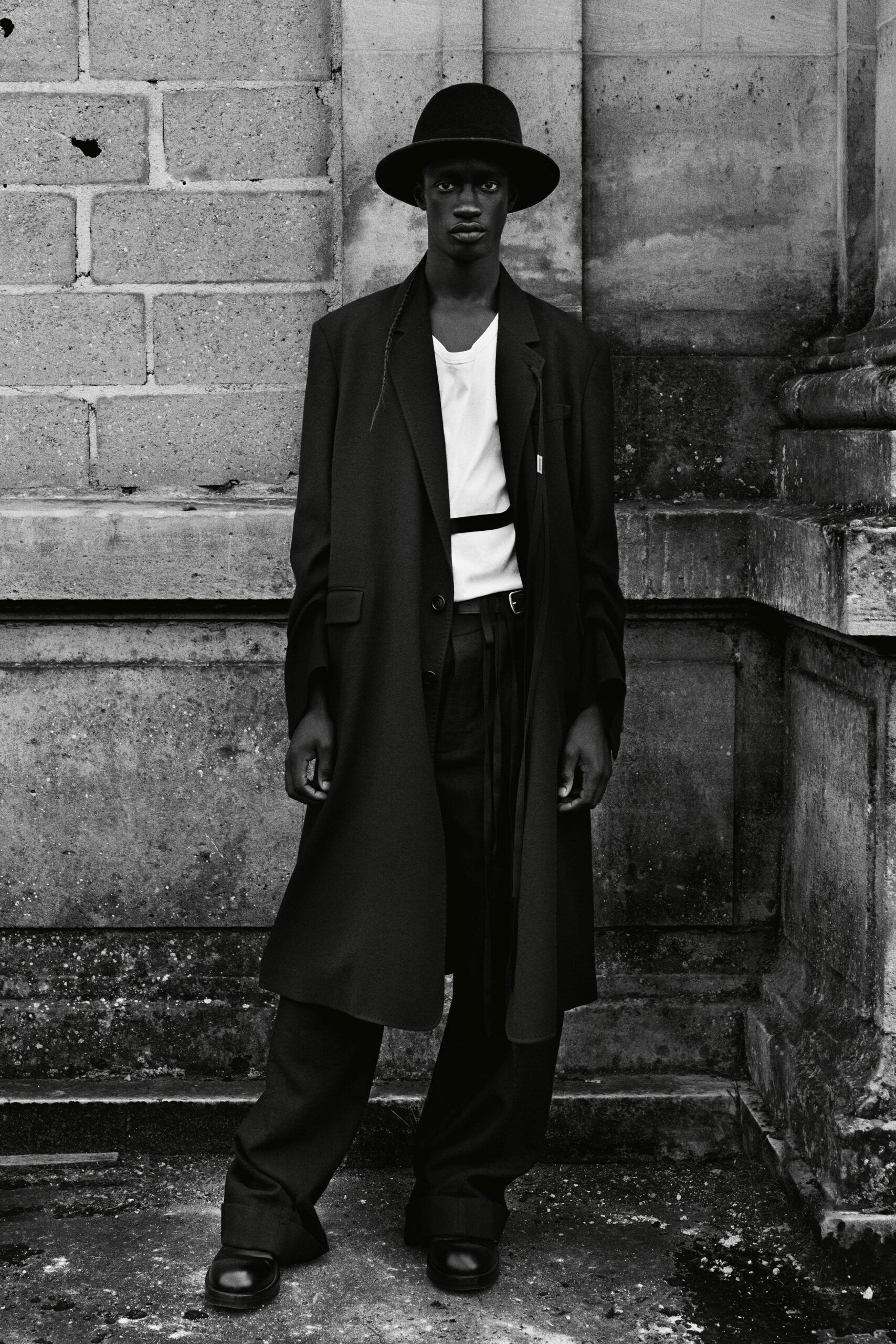 black oversized coat with white shirt