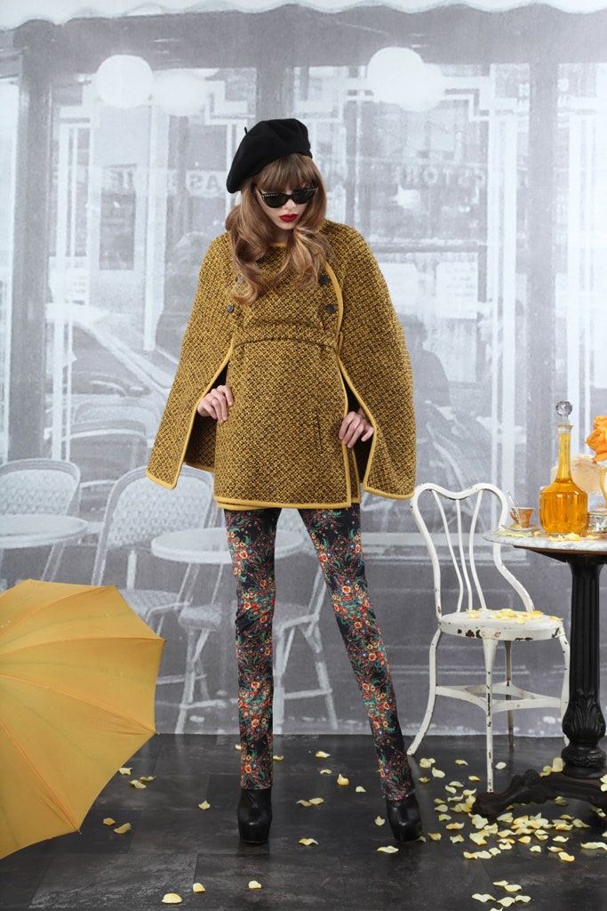 yellow wool cape with flared pants