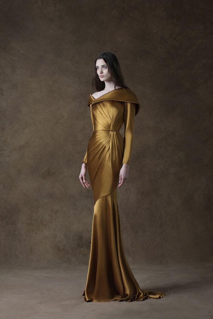 gold silk off-shoulder gown
