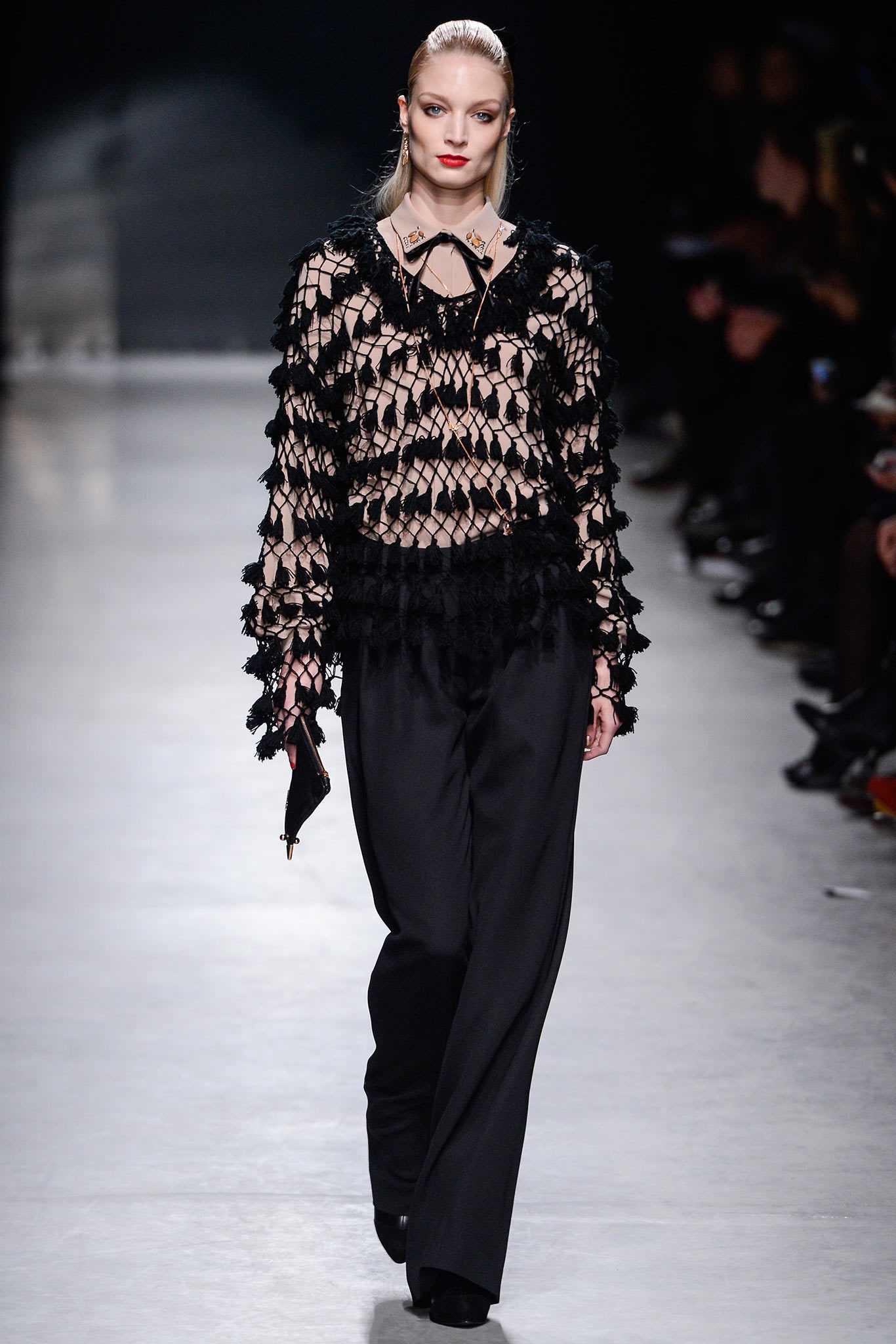 black lace long-sleeve collared relaxed fringed top