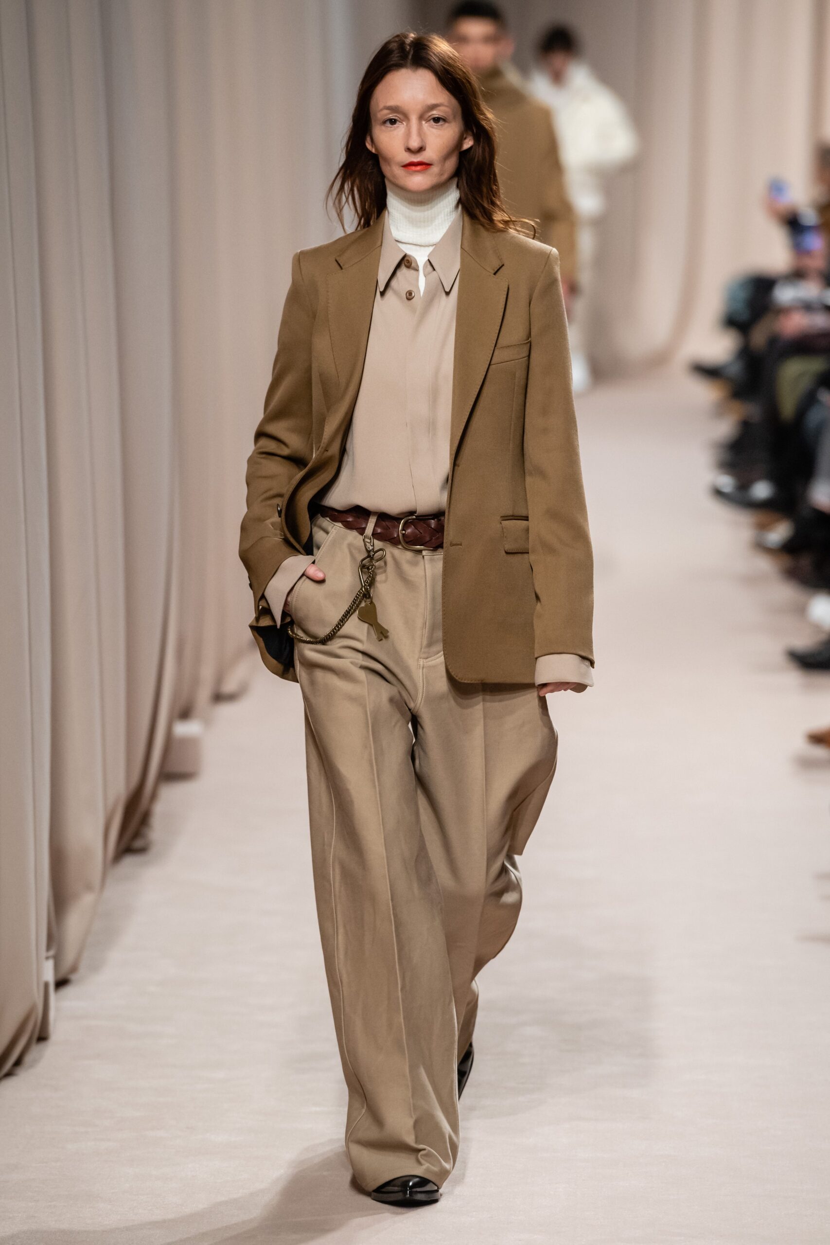 beige tailored blazer with wide-leg pants