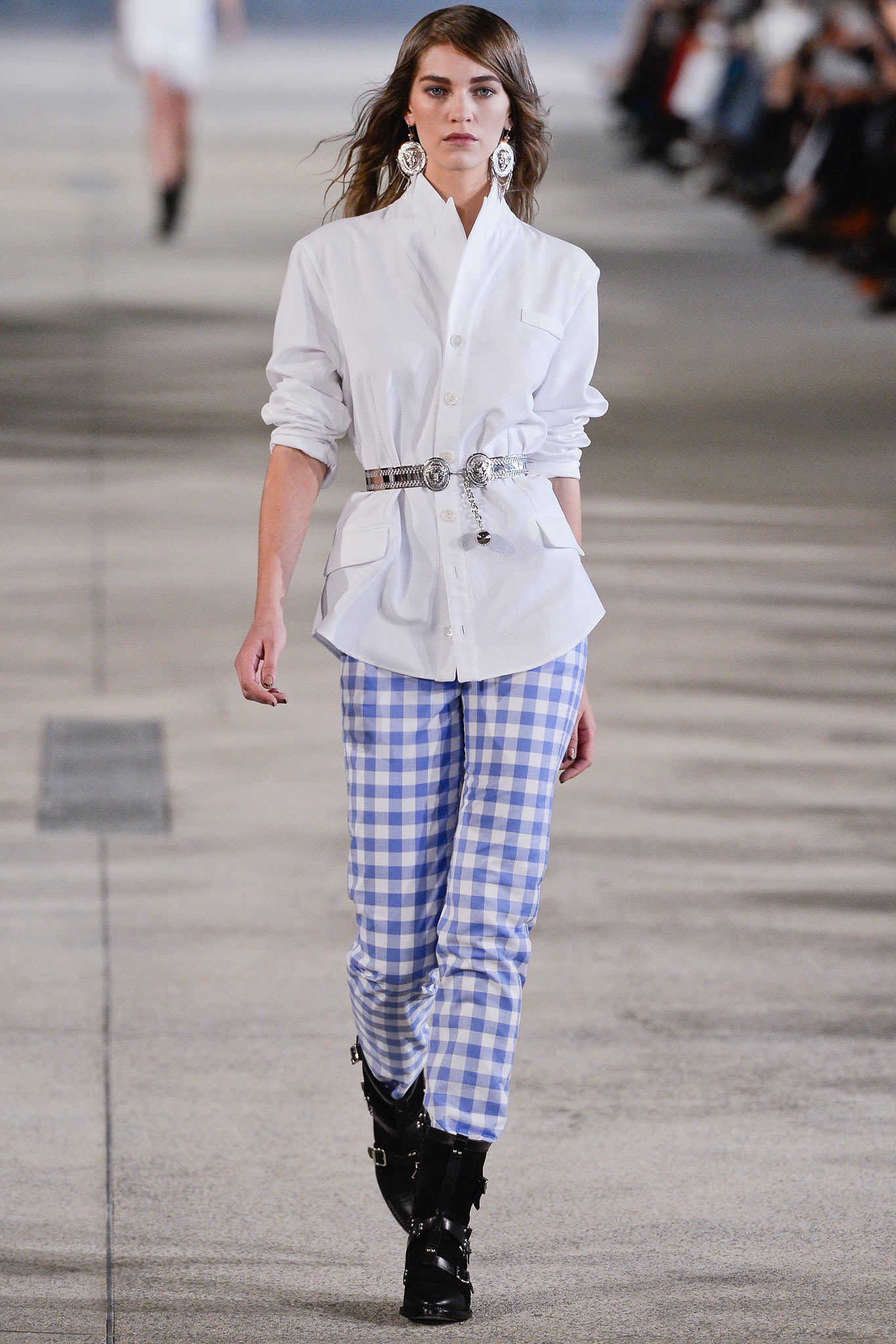 white fitted shirt with blue checked pants