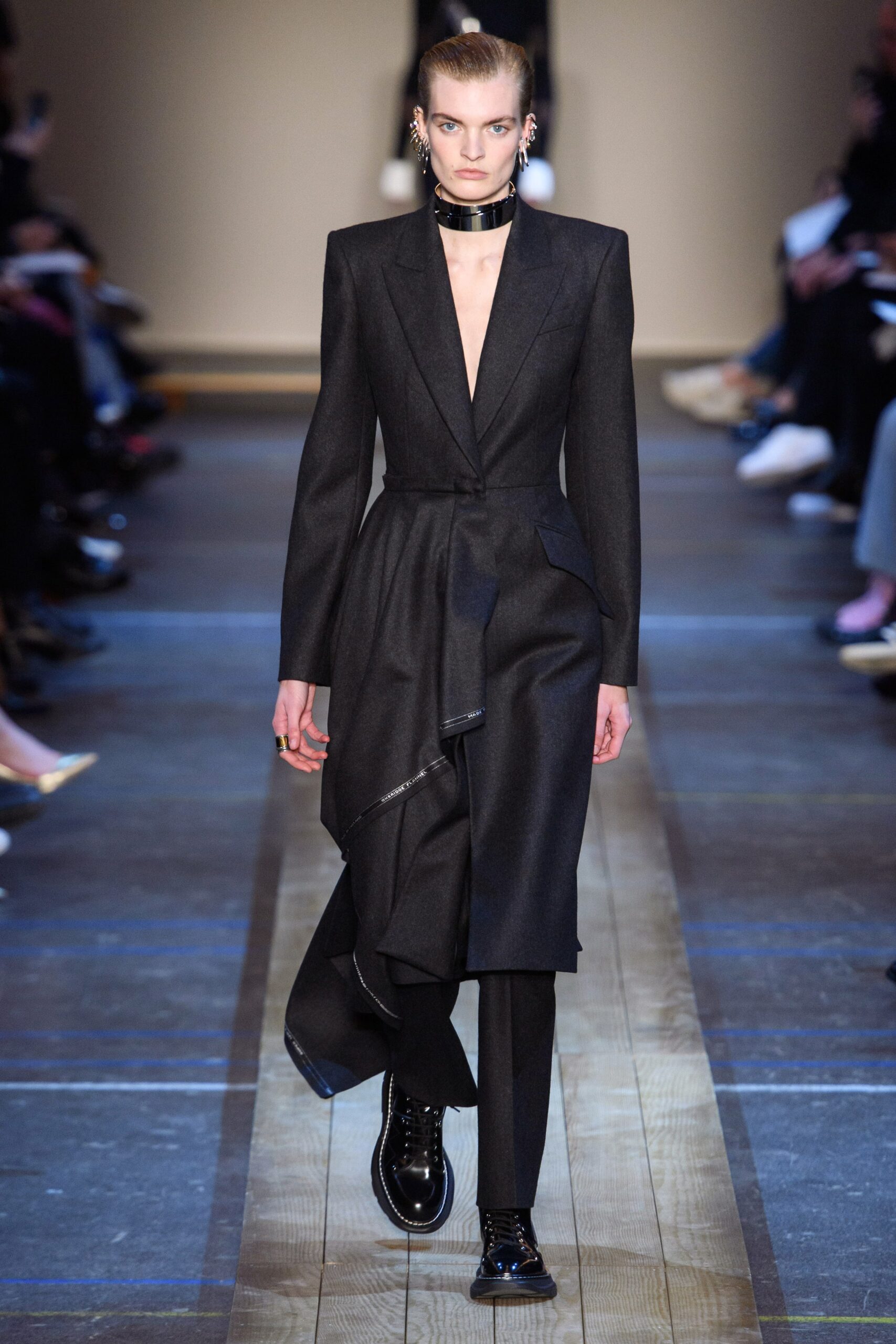 black wool long-sleeve v-neck fitted draped buttoned dress