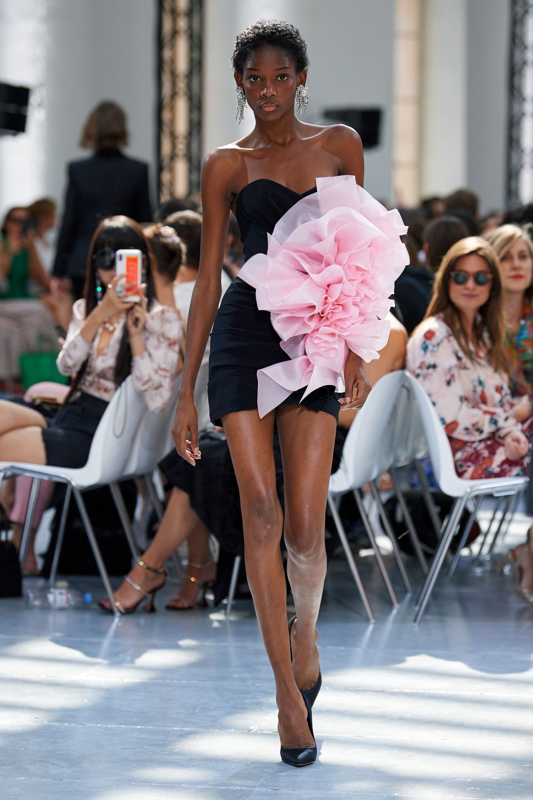 black silk sleeveless off-shoulder fitted ruffled mini dress