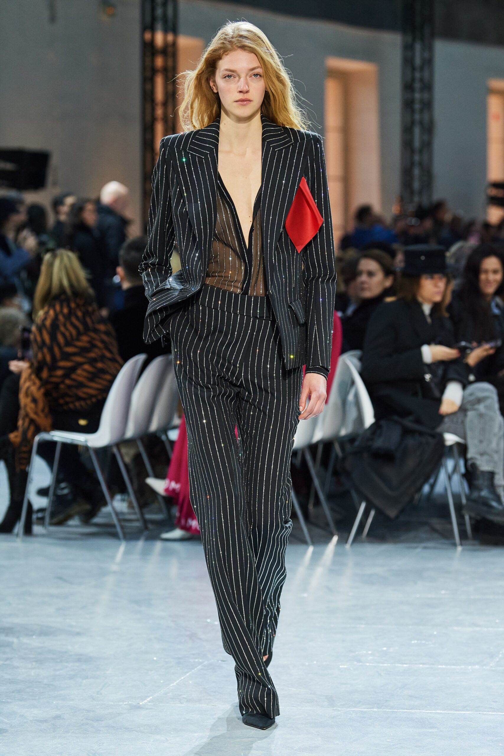 tailored black and white striped suit
