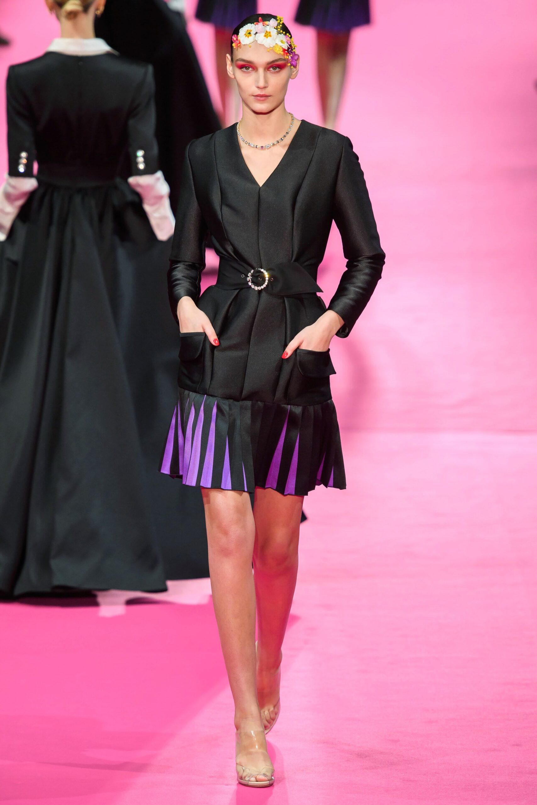 black and purple pleated dress