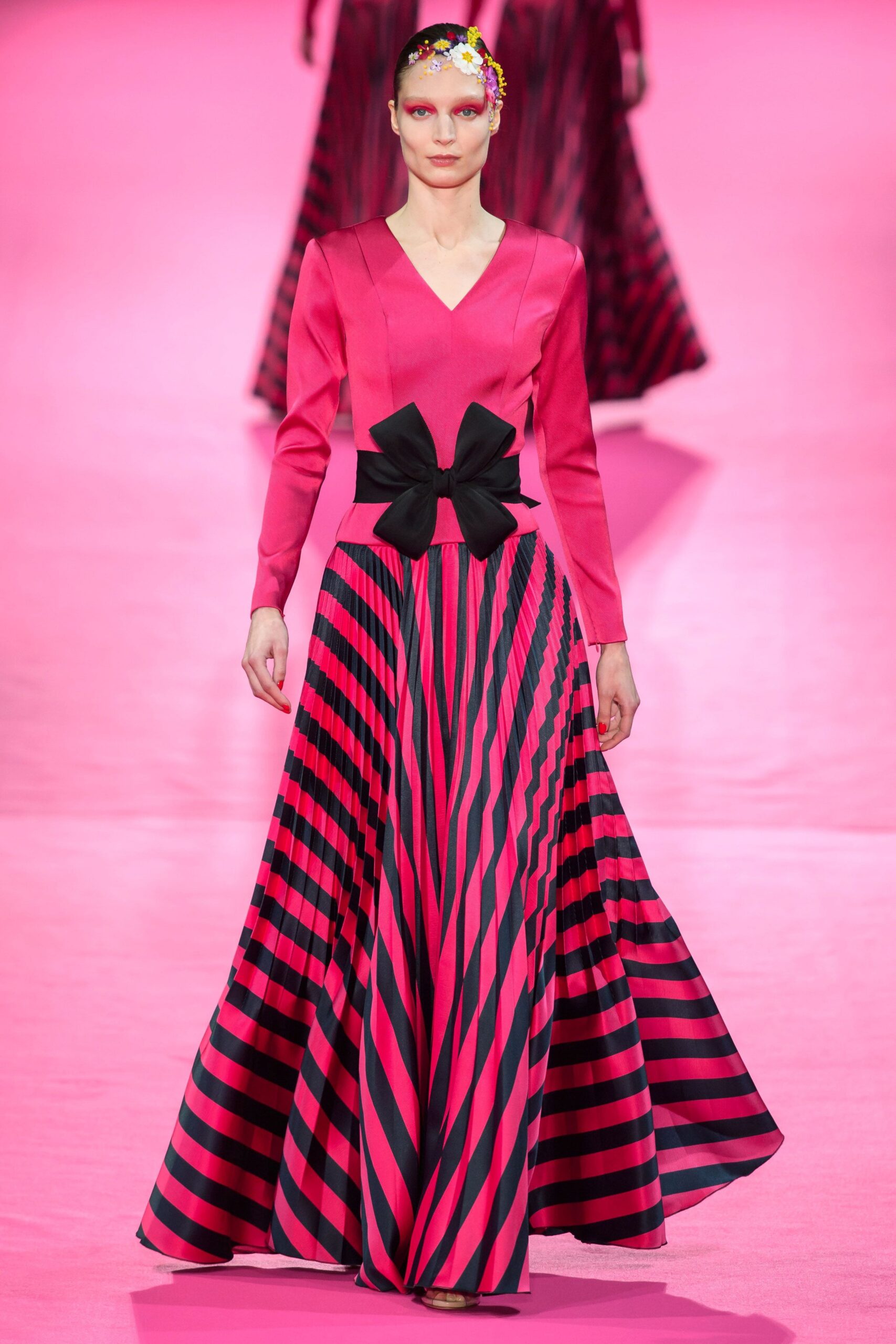 pink and black striped gown