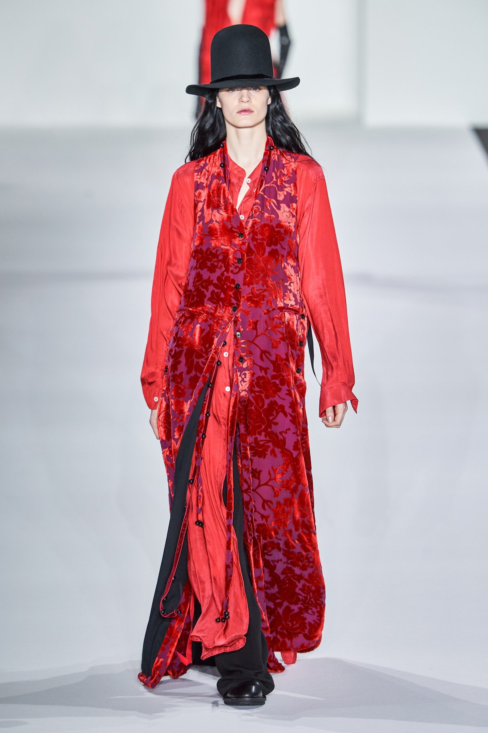 red silk long-sleeve collared relaxed layered buttoned dress