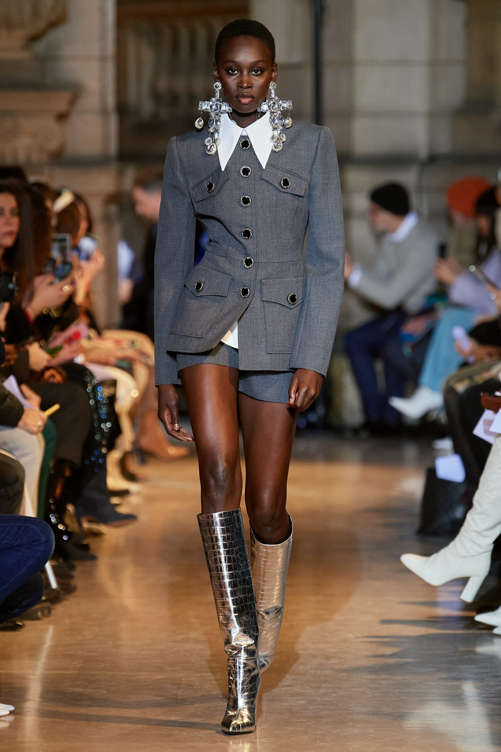 gray tailored blazer with shorts