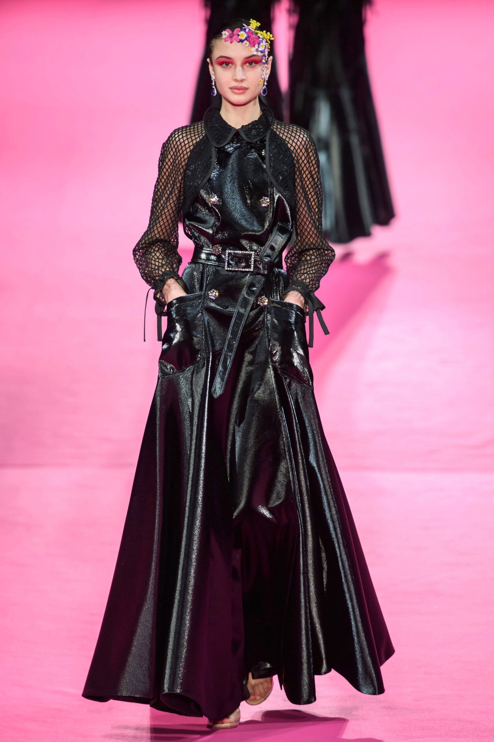 black silk long-sleeve belted dress