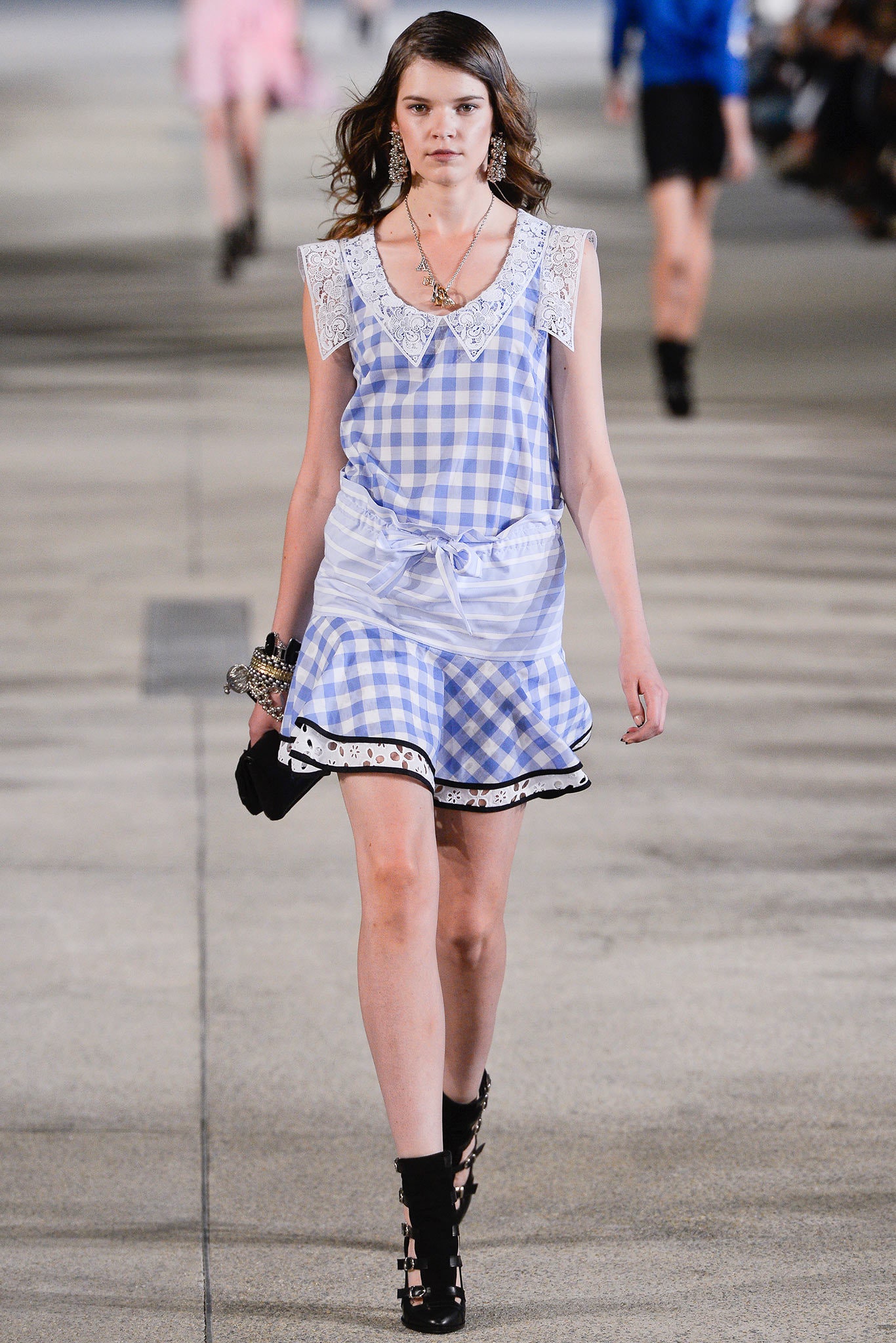 blue and white checked mini dress