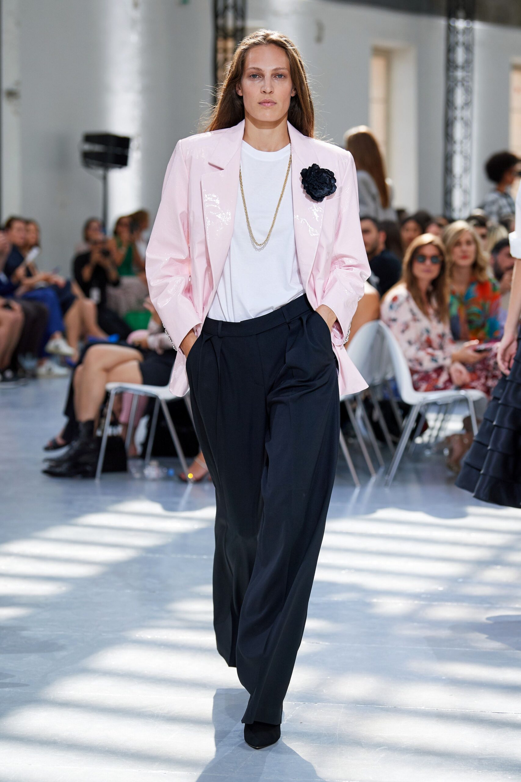 pink vinyl long-sleeve collared tailored buttoned shiny blazer