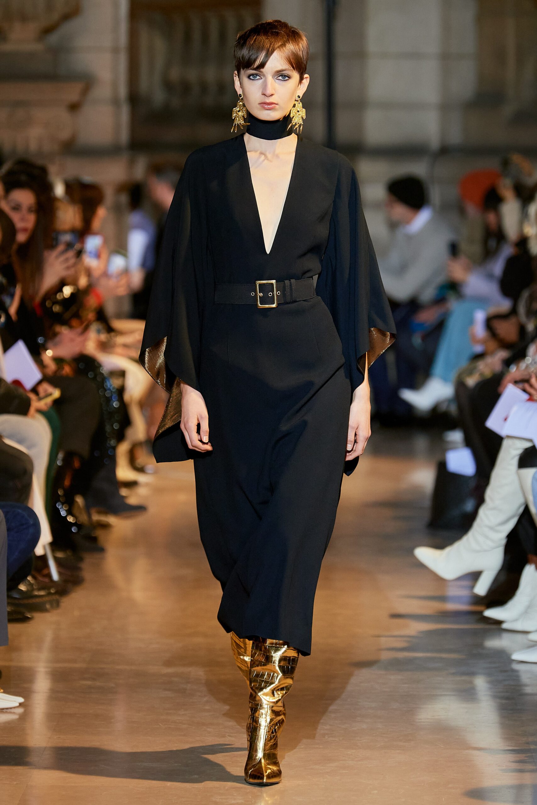 black silk v-neck belted dress