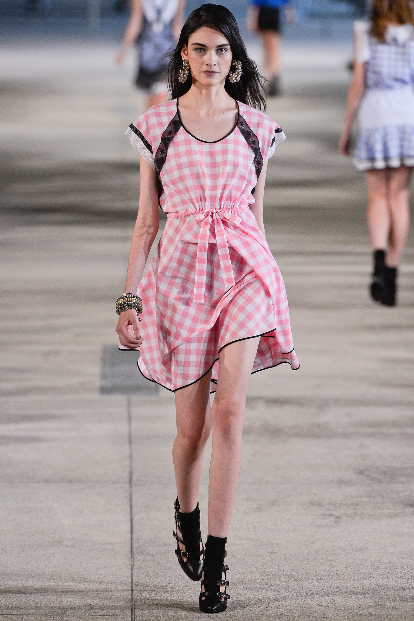 pink checked belted dress