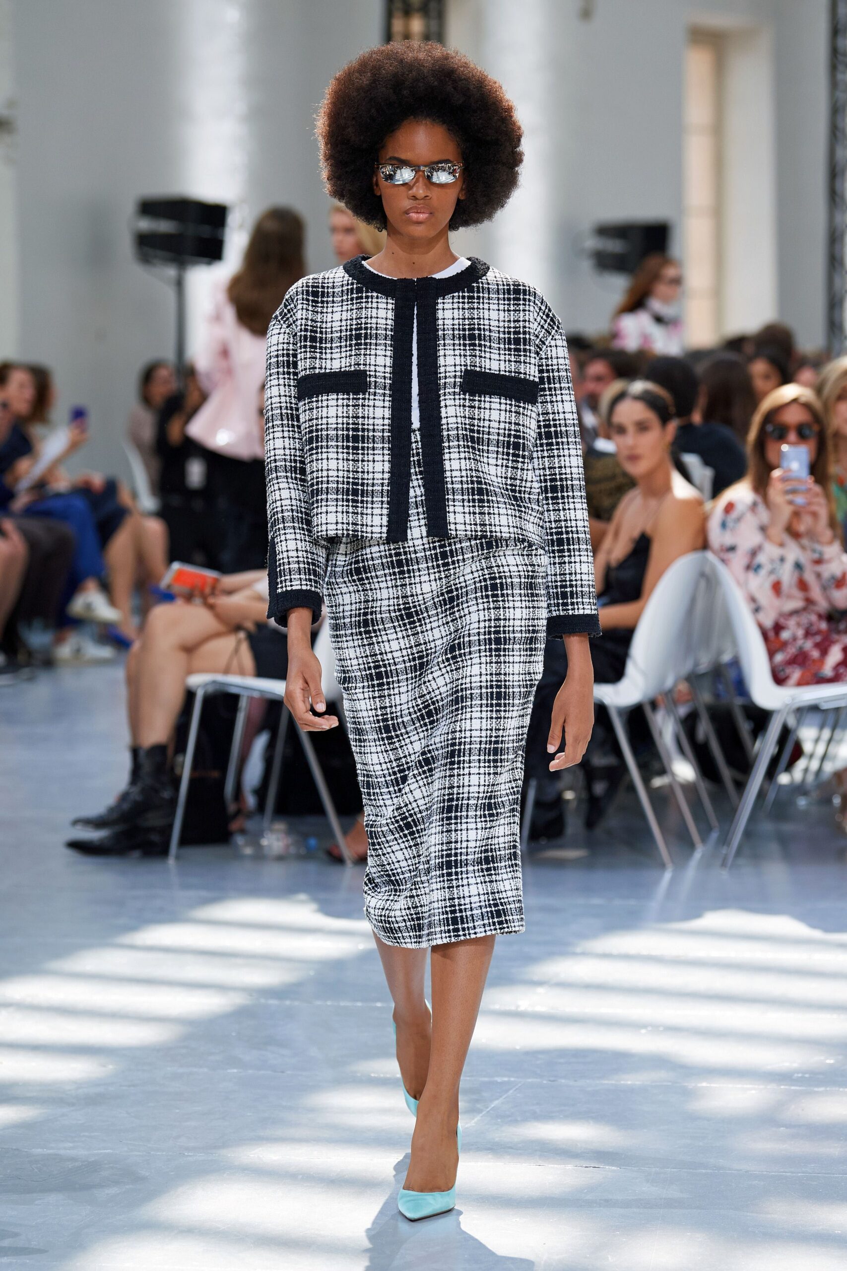 black cotton fitted checked pencil midi skirt