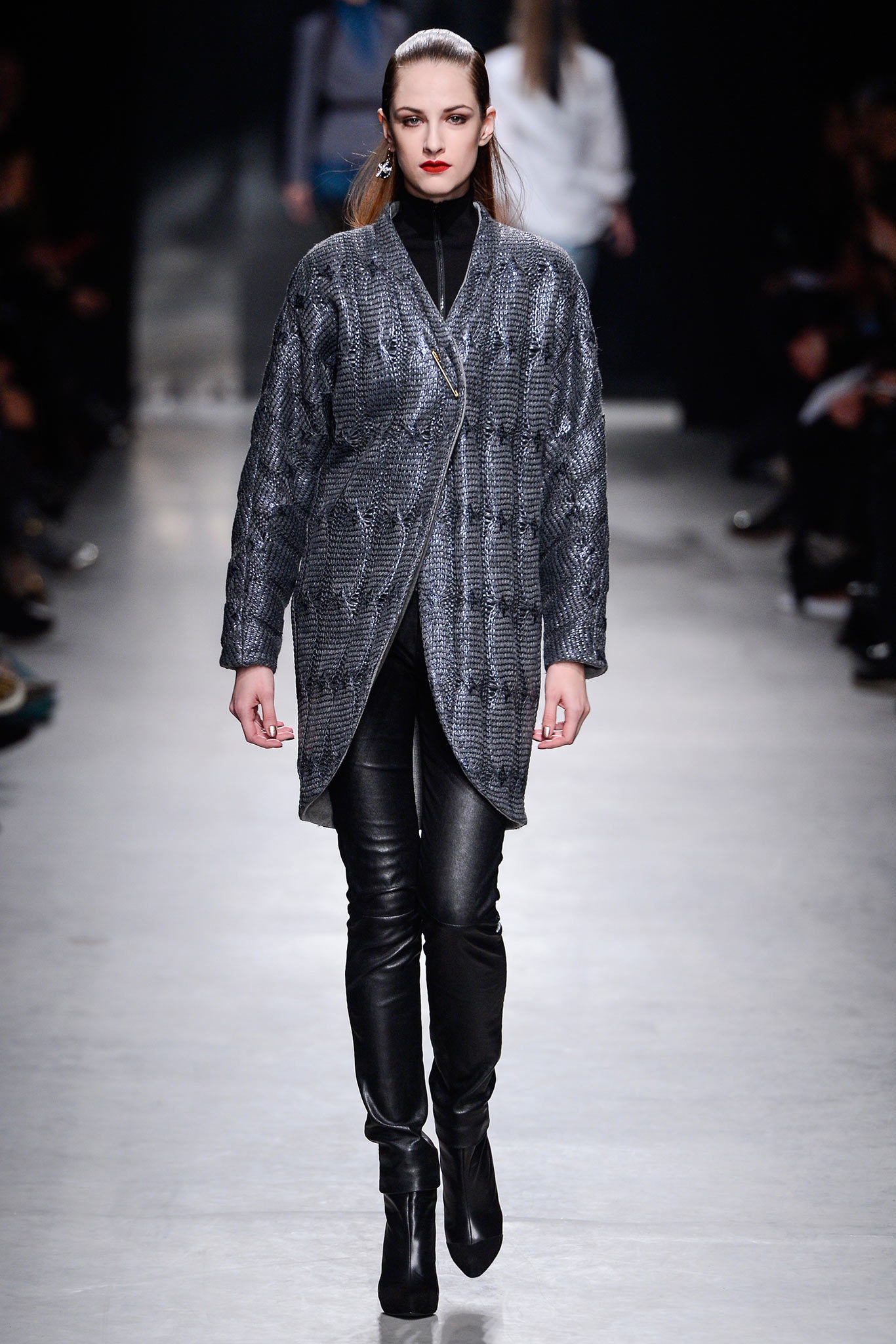 gray wool coat with black leather pants