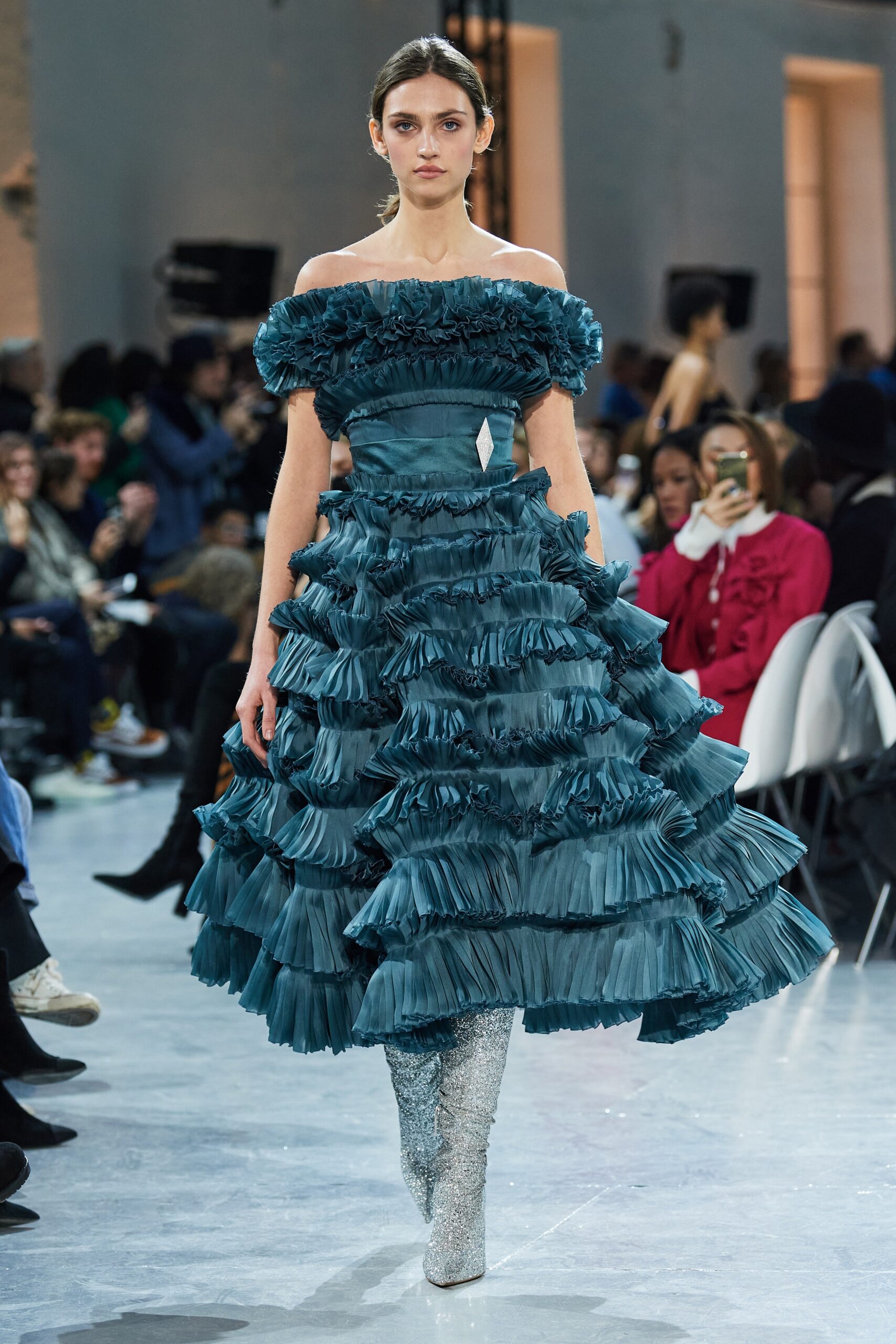 blue silk off-shoulder fitted ruffled tiered flowing dress