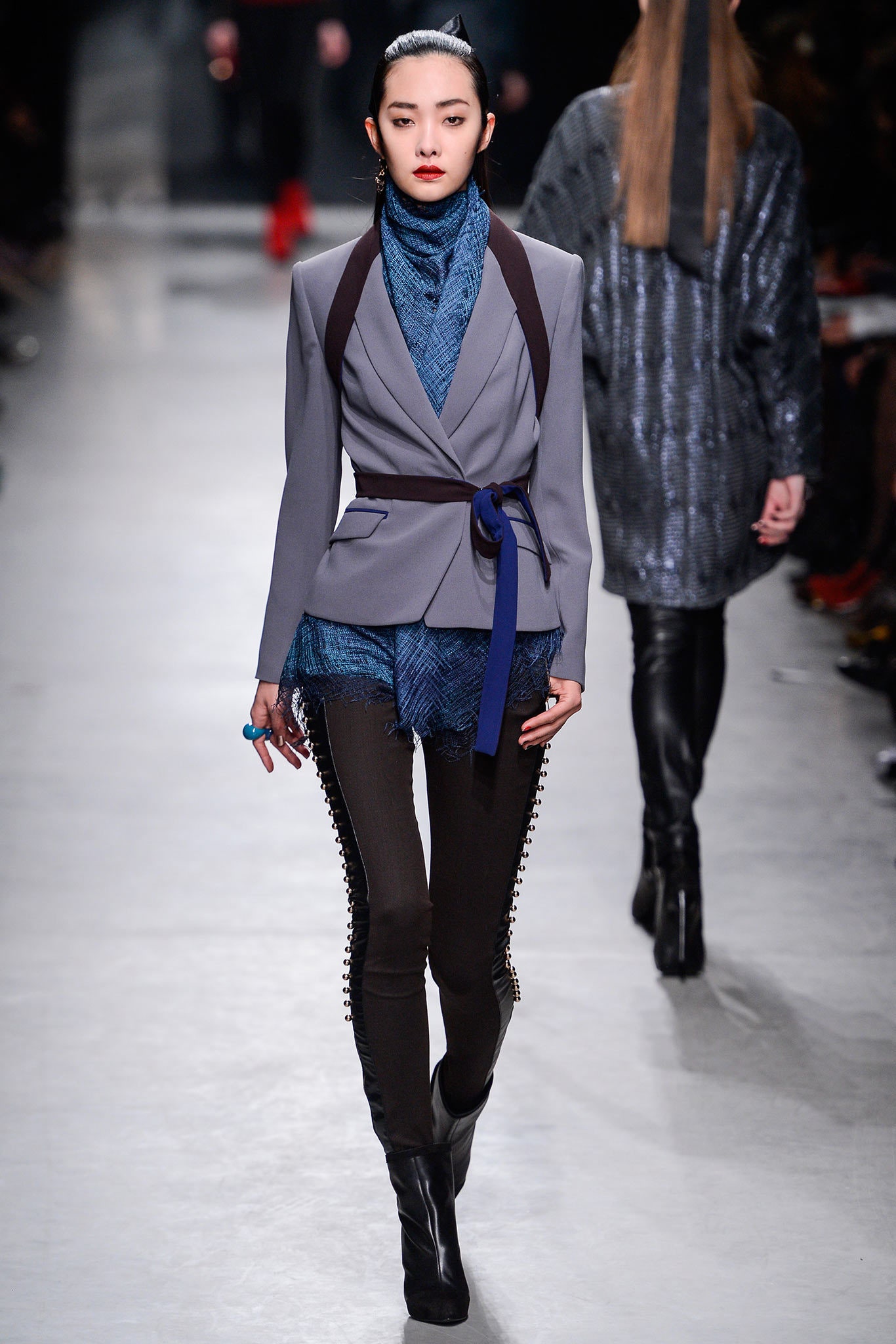 gray tailored blazer with blue top