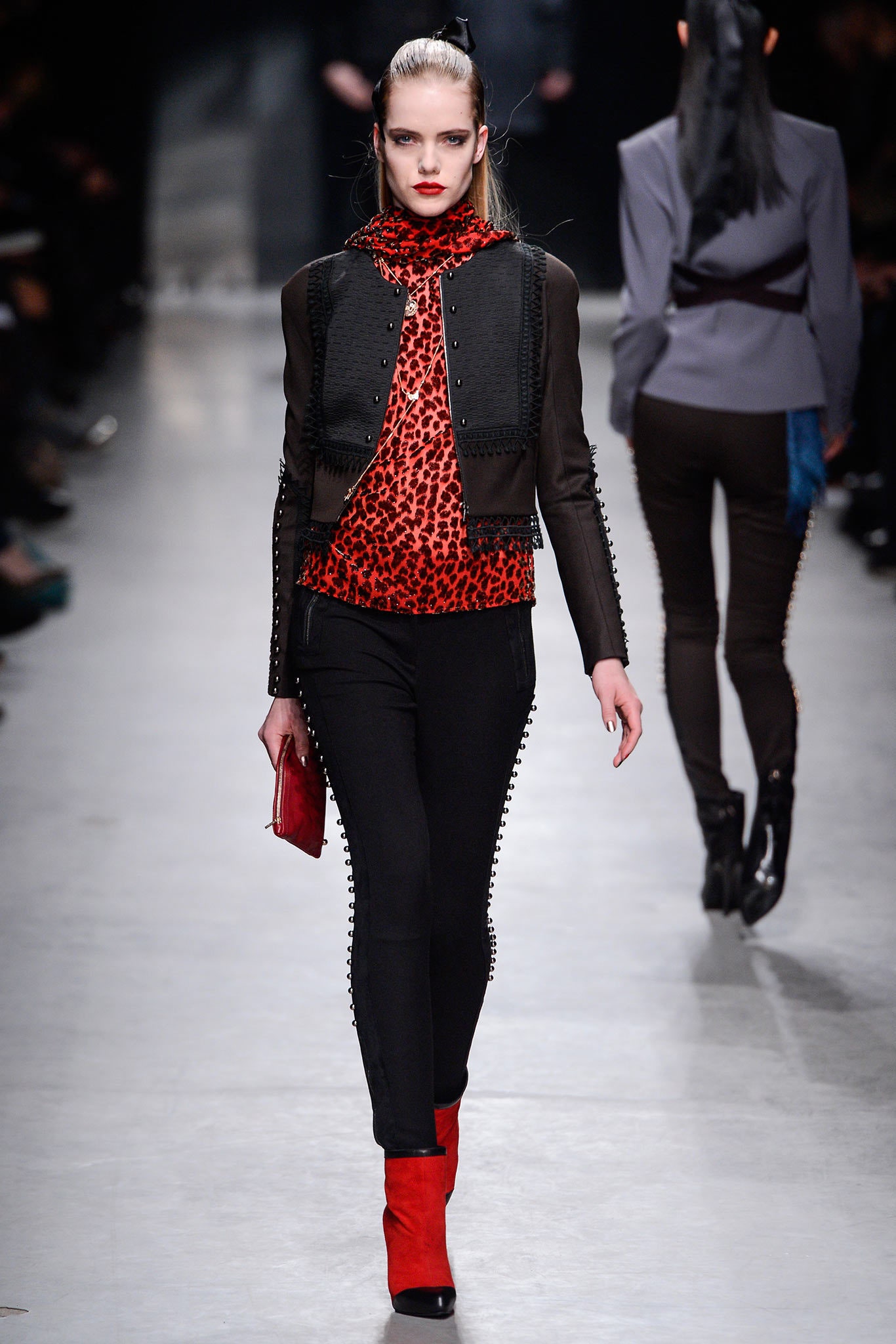 black jacket red printed top